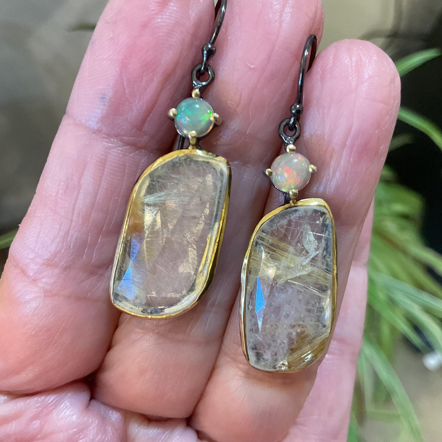 sterling silver statement rutilated quartz golden ribbon opal dangle  earrings