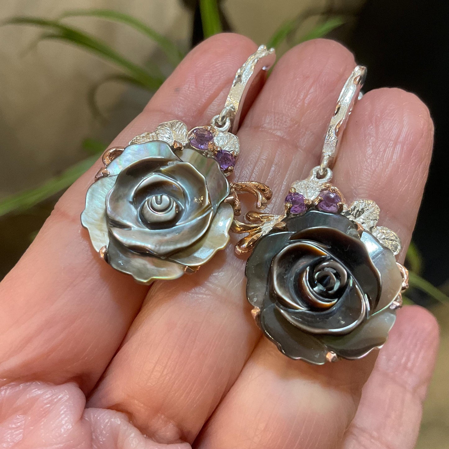 Sterling silver carved mother of pearl rose amethyst  Earrings