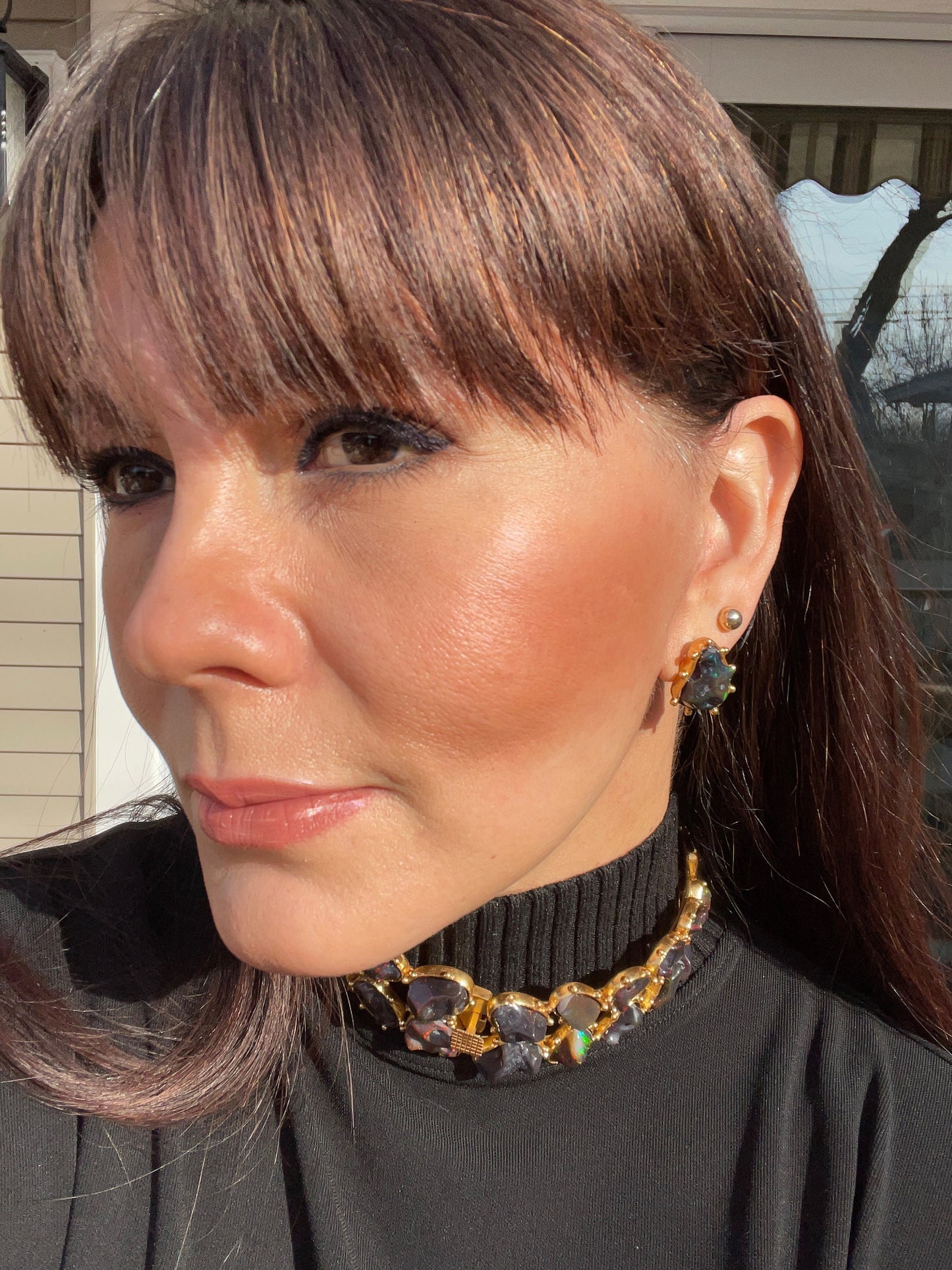 Sterling Silver Natural black fire Opal heirloom large asymmetrical stud Earrings