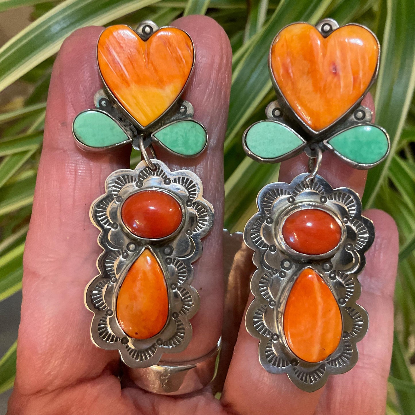 Sterling Silver coral Spiny oyster large heart turquoise Native American earrings