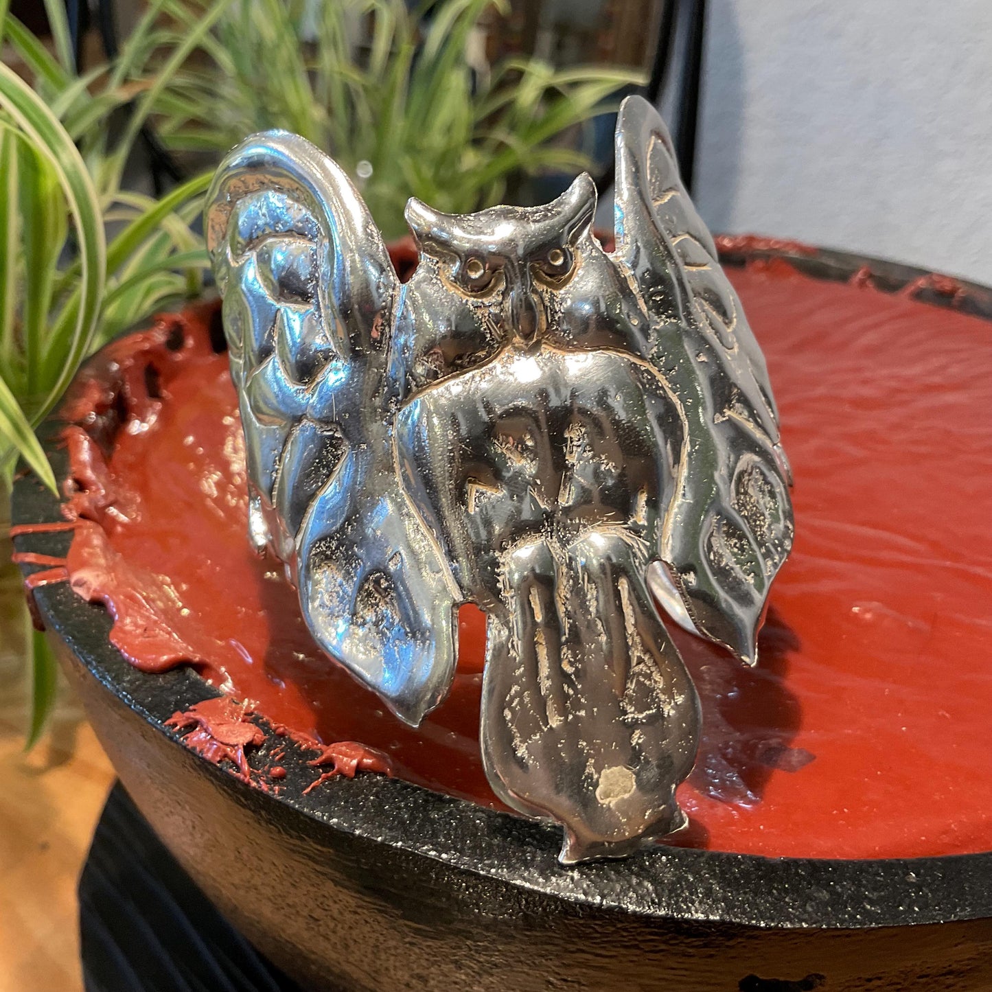 Handmade 800 silver owl wide repousse bracelet artisan cuff