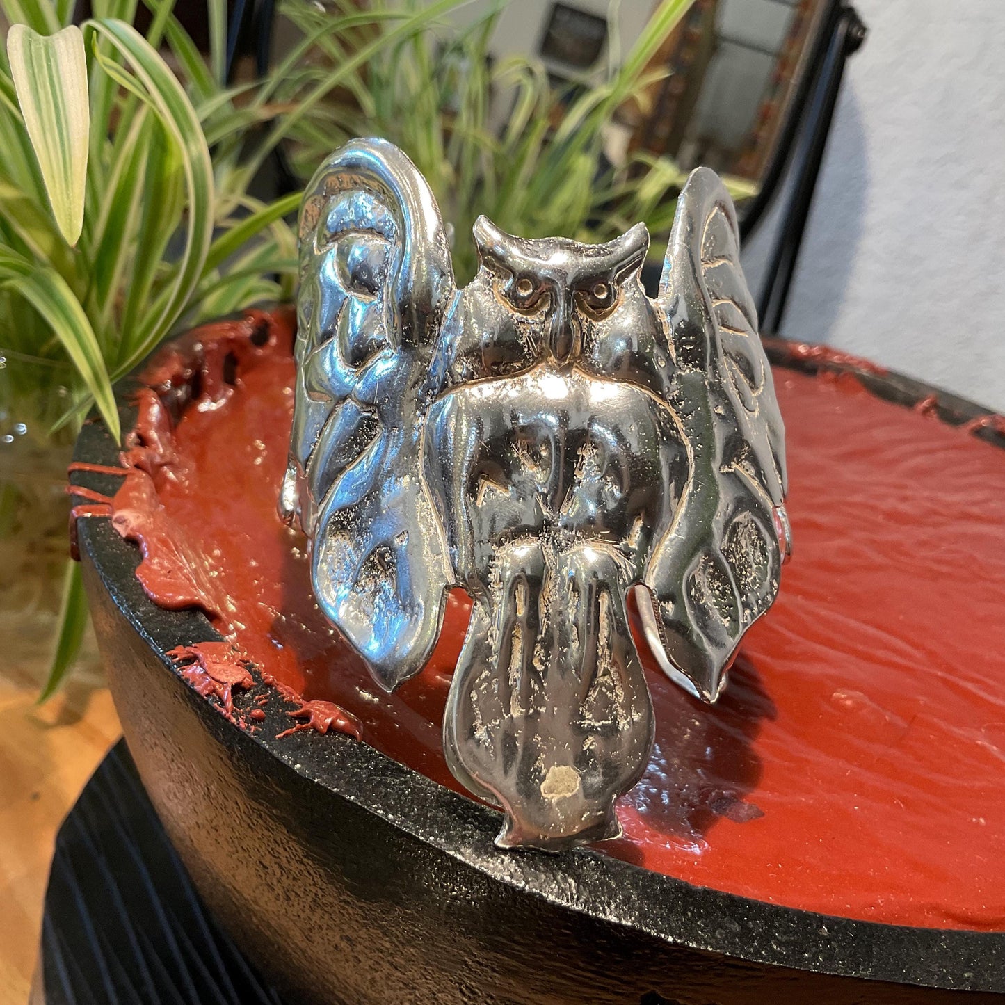 Handmade 800 silver owl wide repousse bracelet artisan cuff