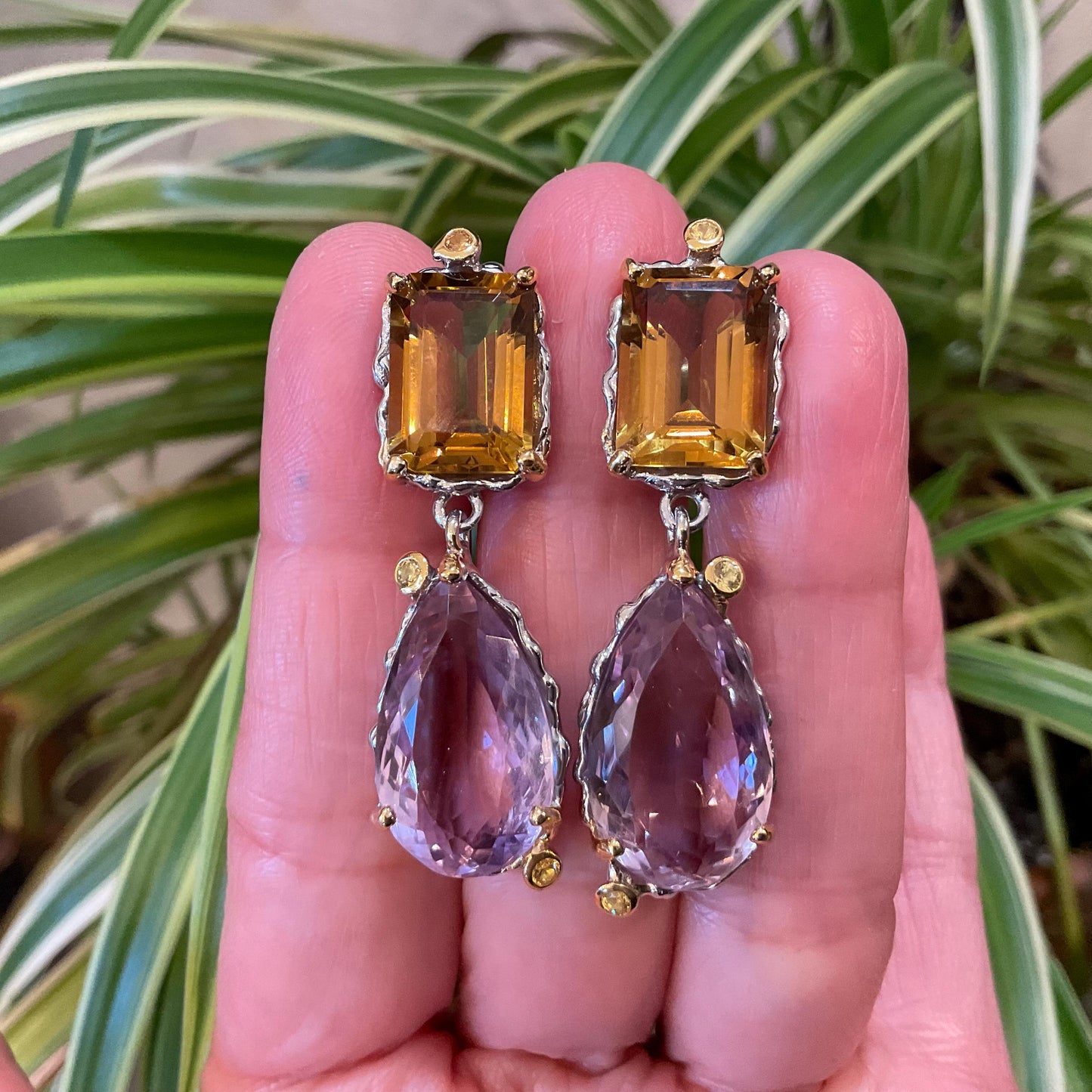 Sterling silver Ametrine pear shape emerald cut citrine fancy  dangle earrings