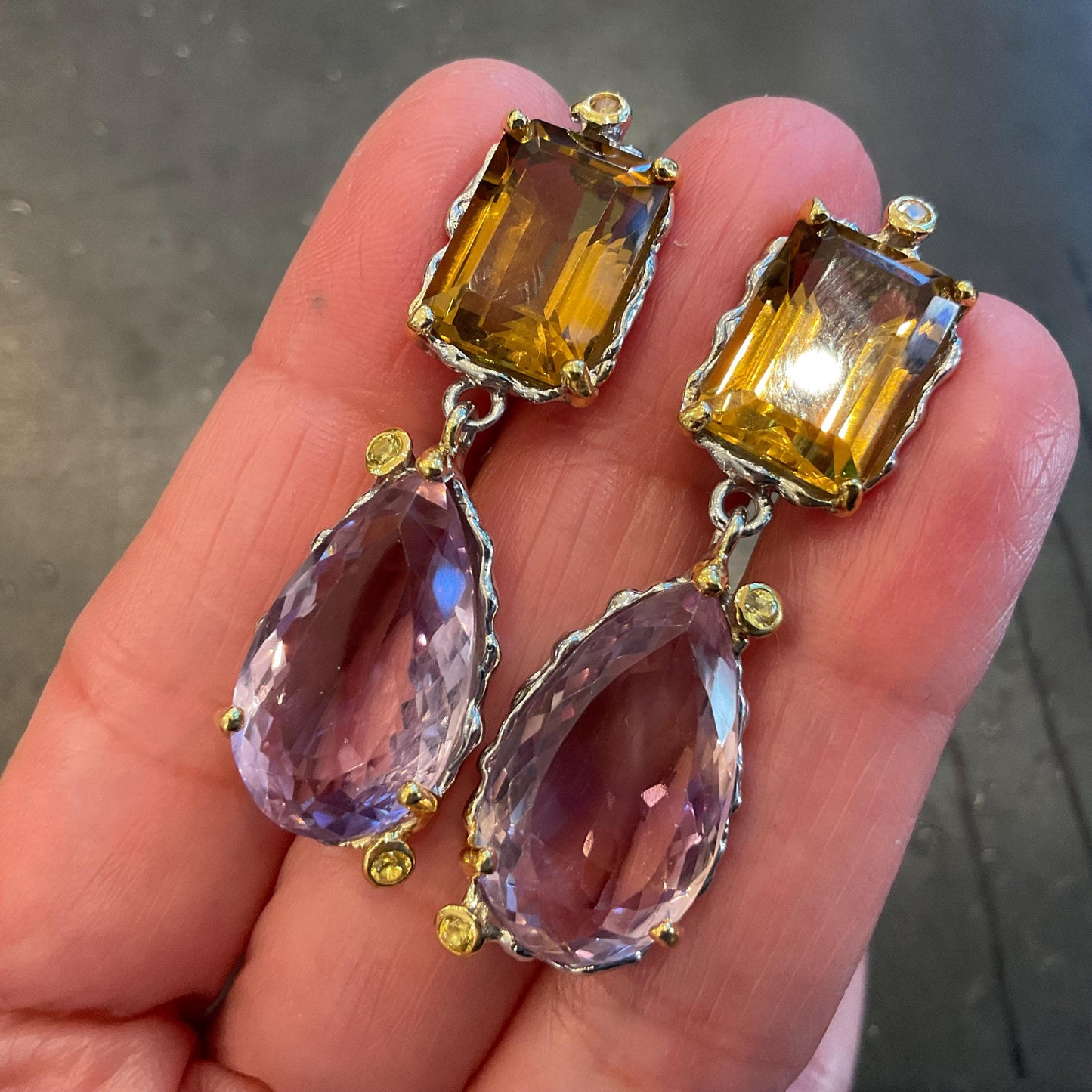Sterling silver Ametrine pear shape emerald cut citrine fancy  dangle earrings