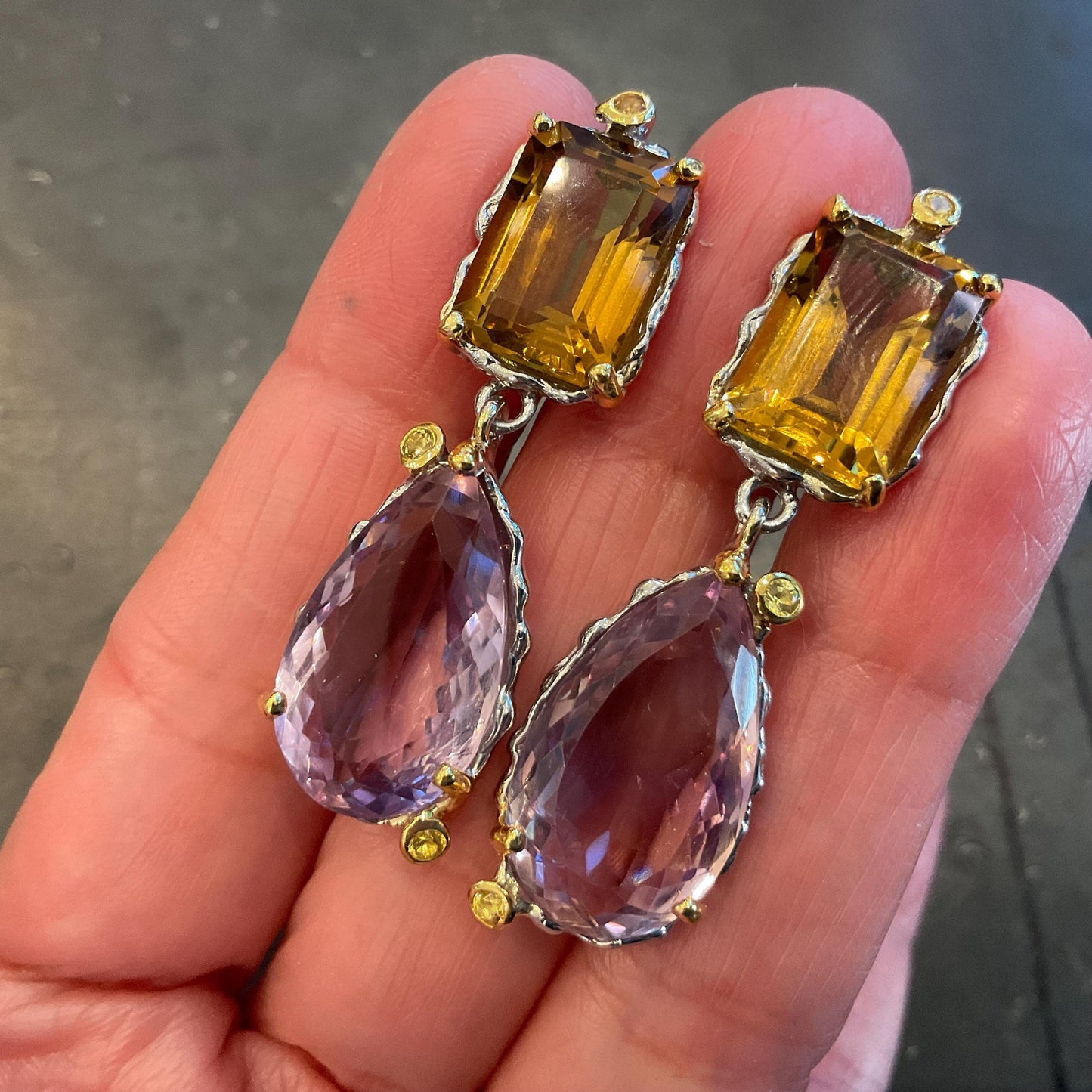 Sterling silver Ametrine pear shape emerald cut citrine fancy  dangle earrings