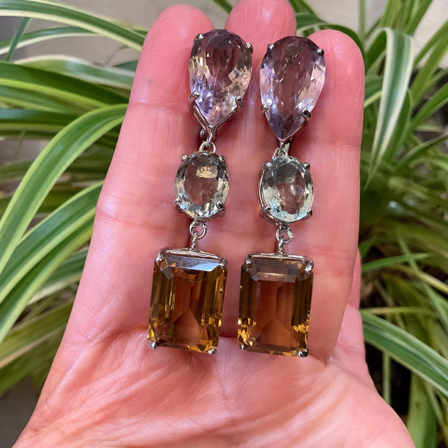 Sterling silver  pear shape Ametrine citrine green amethyst dangle fancy earrings