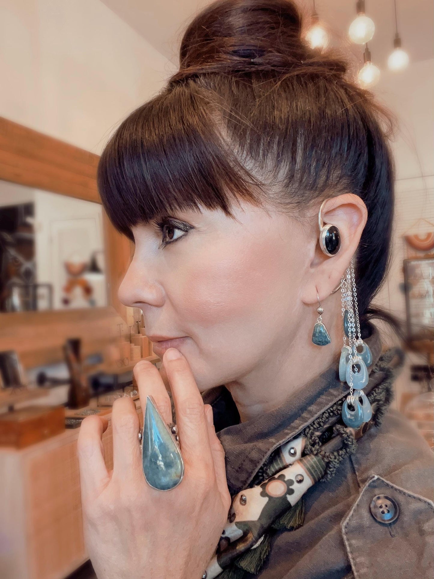 Sterling Silver Guatemalan black blue and green jade ear cuff