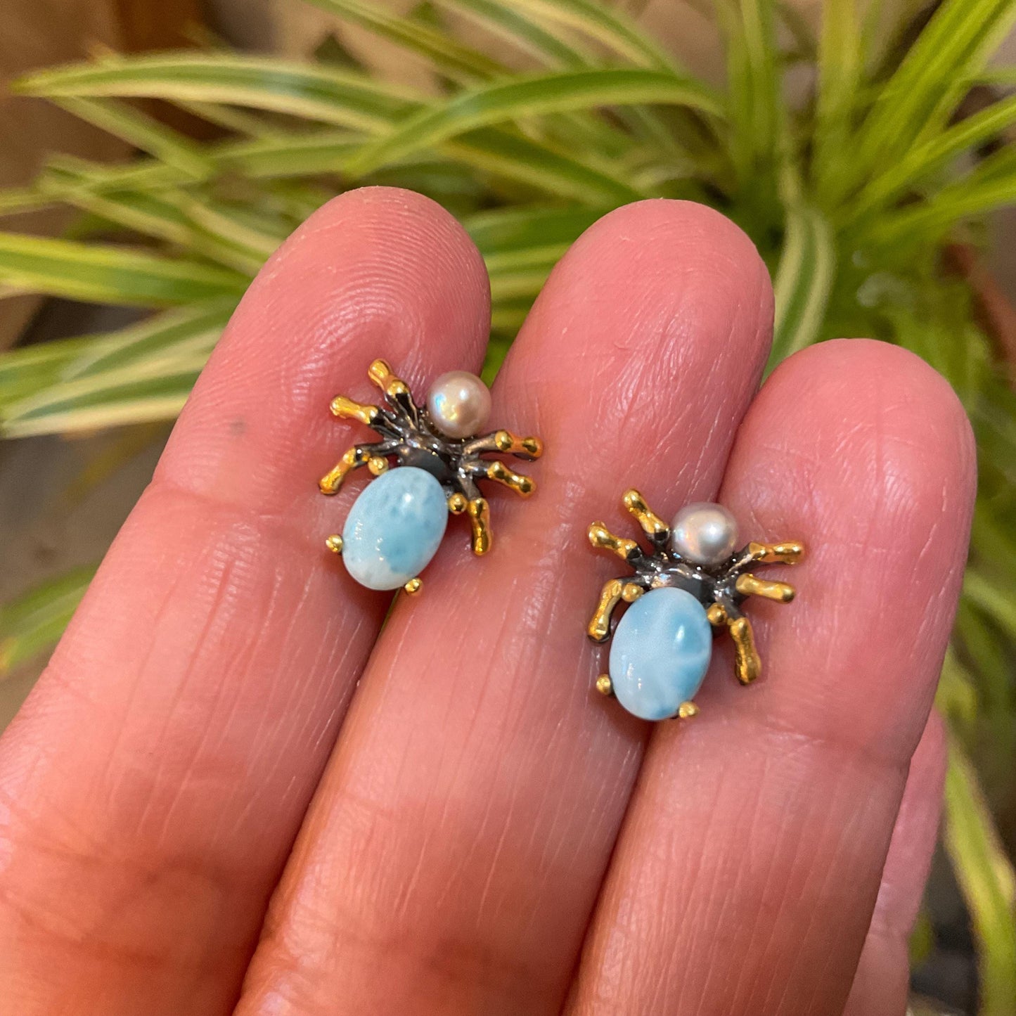 sterling silver  Natural park Larimar Spider stud earrings