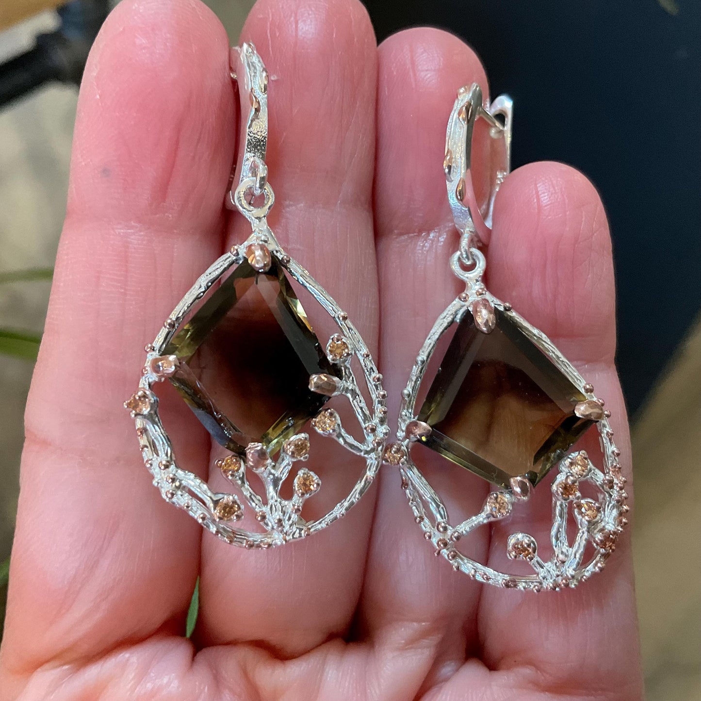 Sterling silver Smokey lemon quartz  fancy earrings