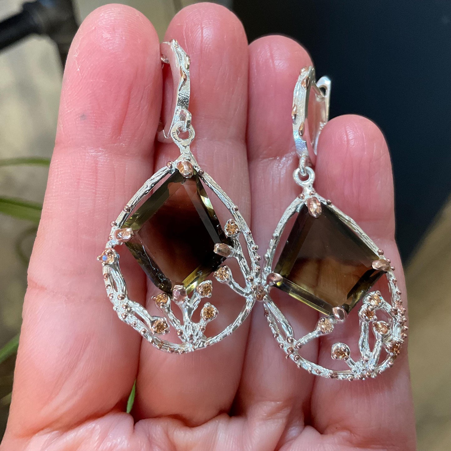 Sterling silver Smokey lemon quartz  fancy earrings