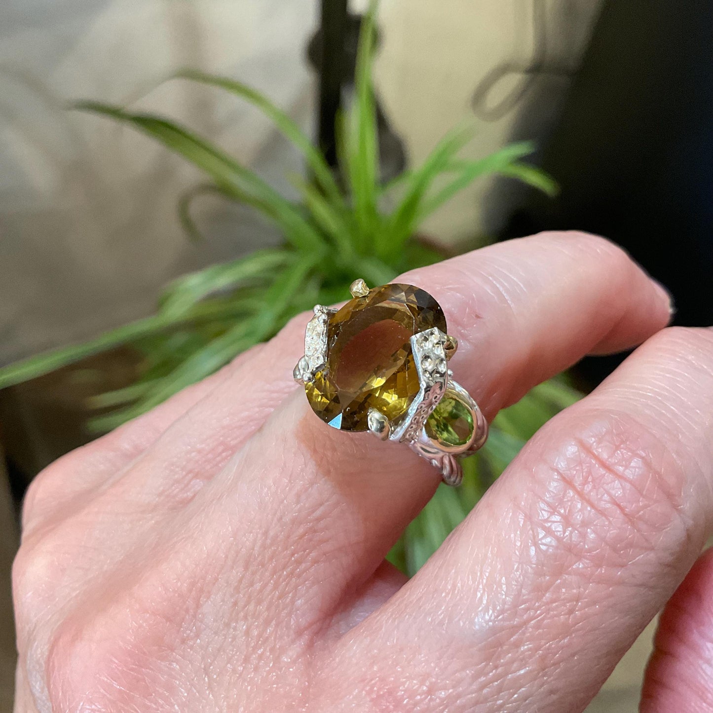 sterling silver cognac quartz  peridot cable citrine statement ring 7