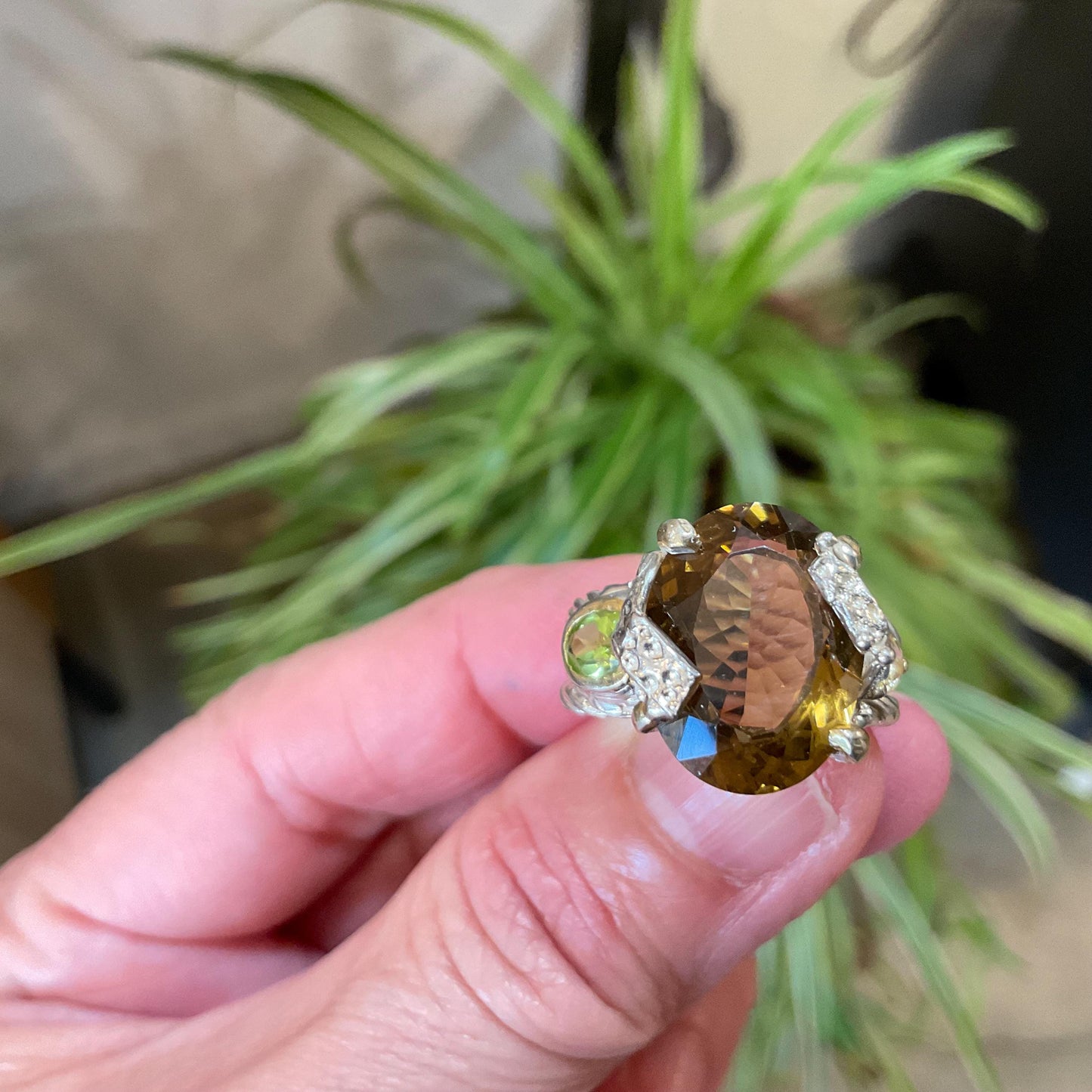 sterling silver cognac quartz  peridot cable citrine statement ring 7