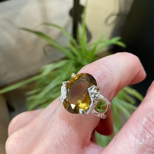 sterling silver cognac quartz  peridot cable citrine statement ring 7