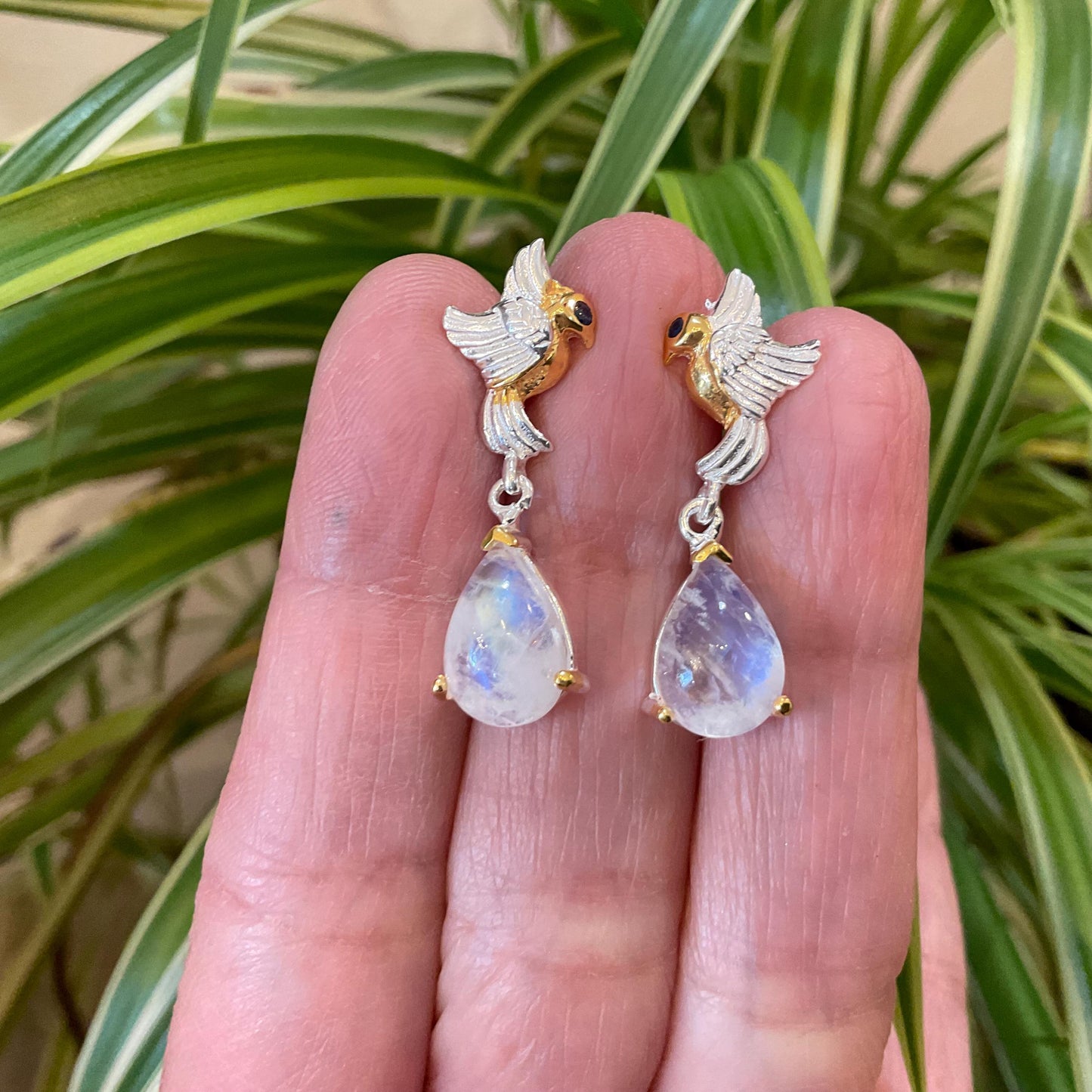 Sterling Silver natural moonstone dangle bird sapphire earrings