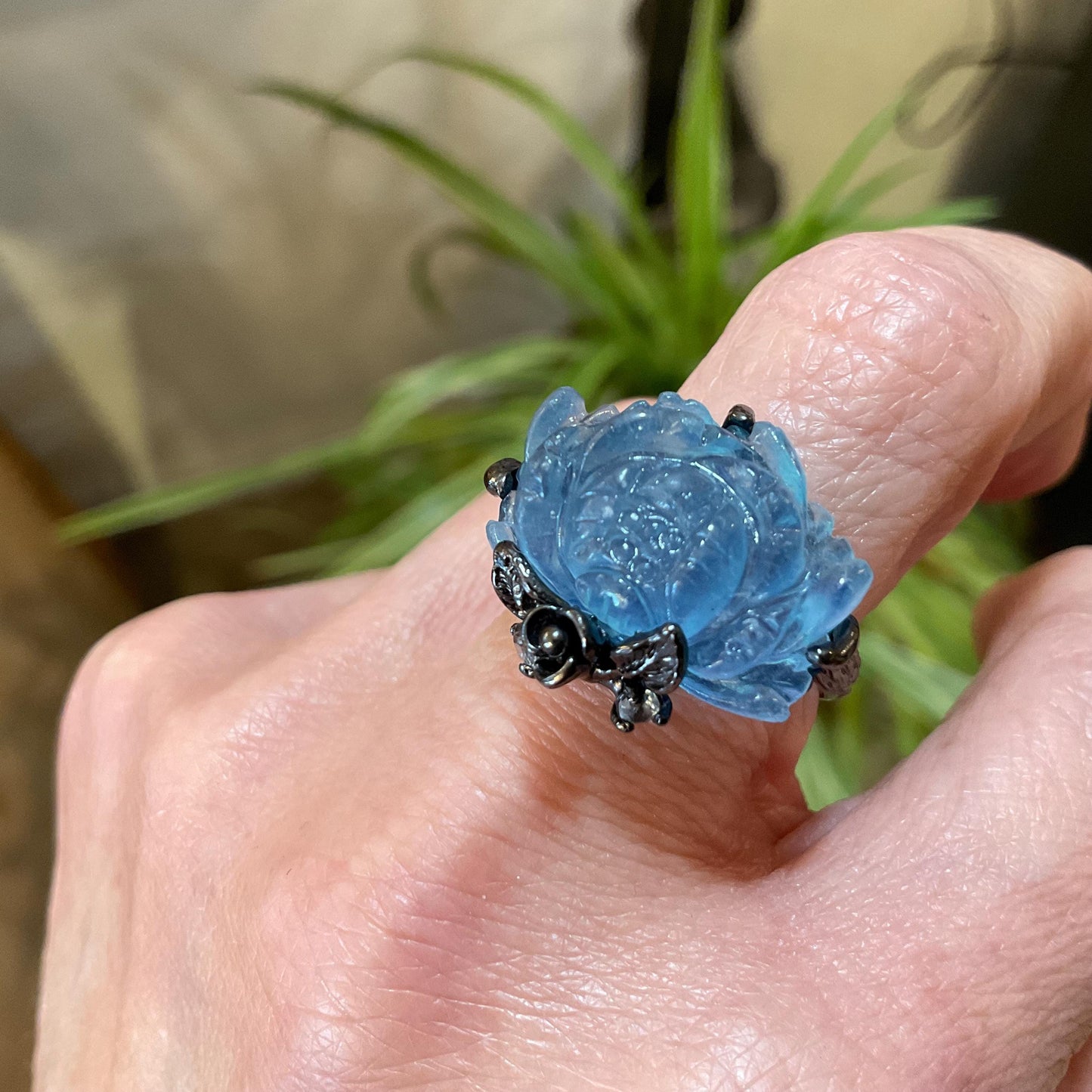 Sterling Silver Handmade Aquamarine carved rose ring 8