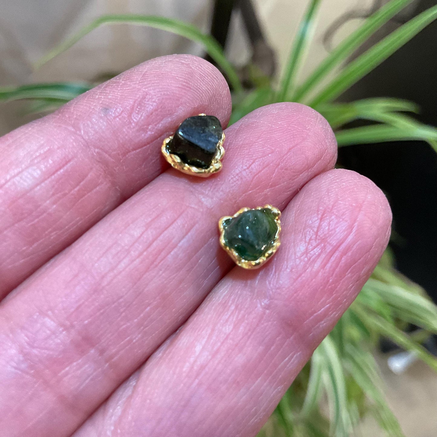 Artisan Sterling Silver rough green tourmaline stud earrings