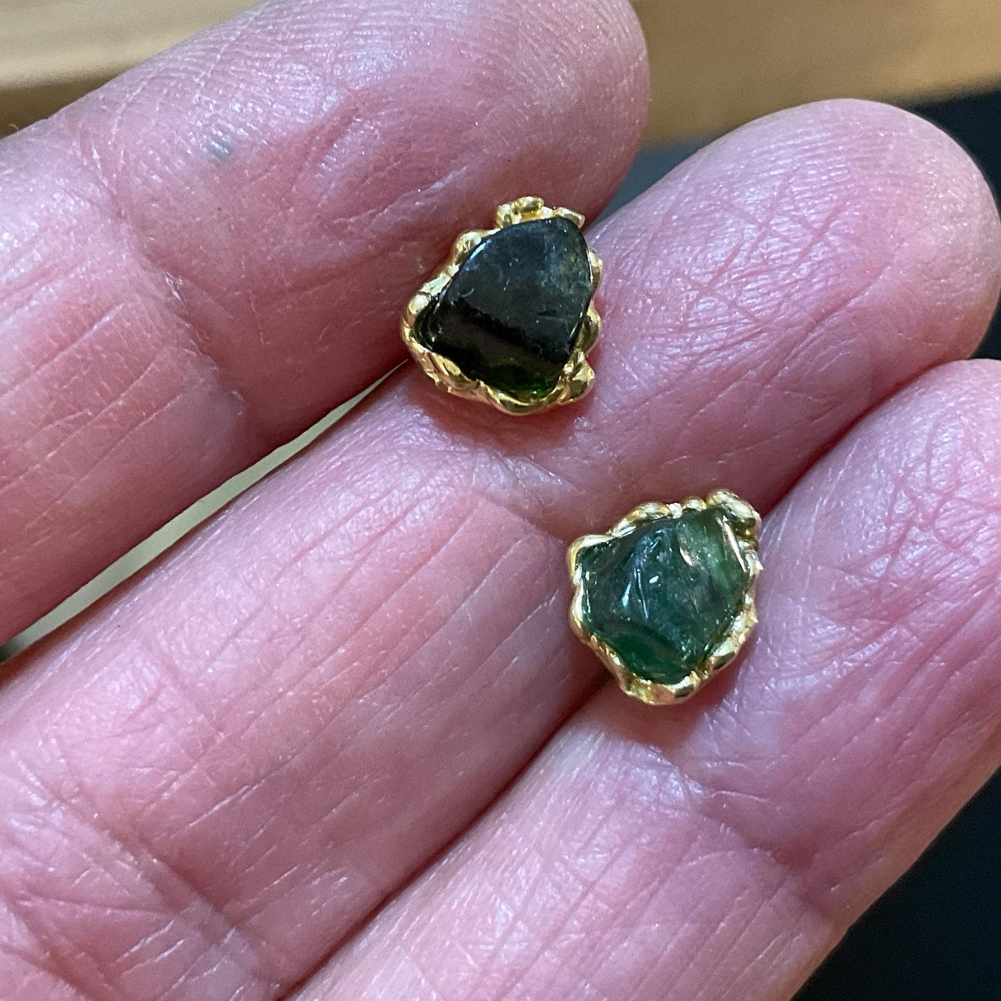 Artisan Sterling Silver rough green tourmaline stud earrings