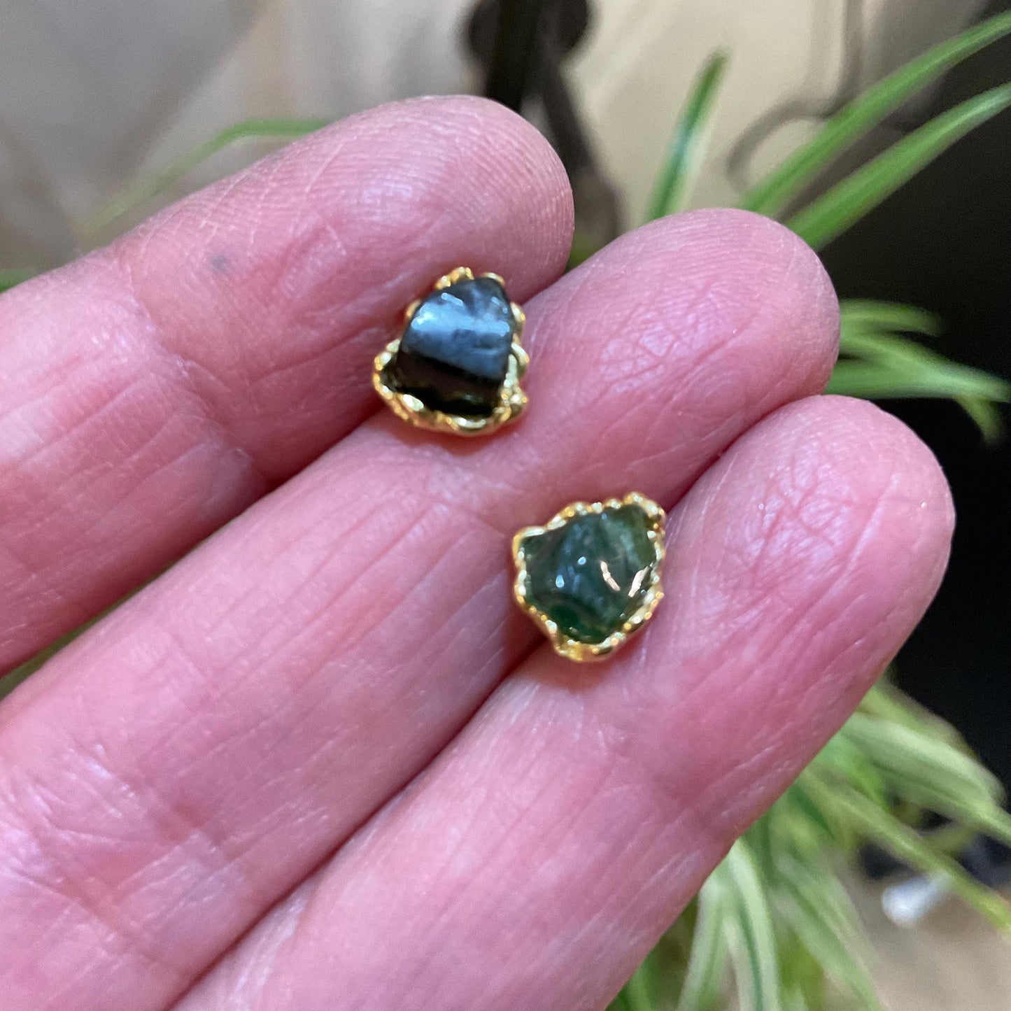 Artisan Sterling Silver rough green tourmaline stud earrings