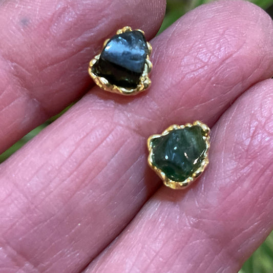 Artisan Sterling Silver rough green tourmaline stud earrings