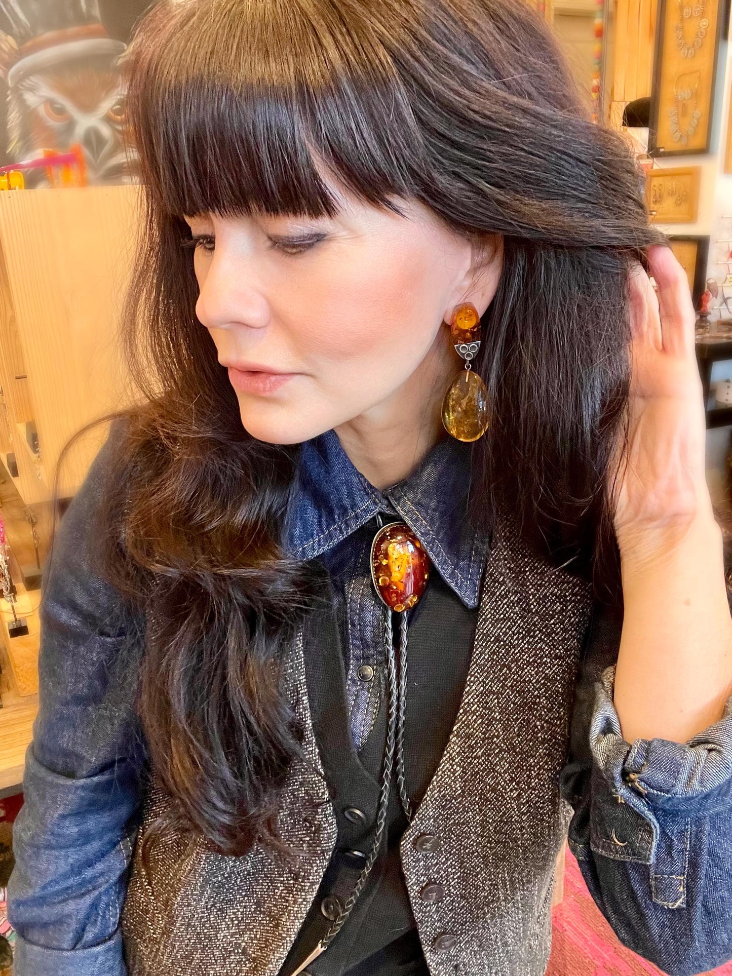 Sterling silver black fire western bolo tie necklace