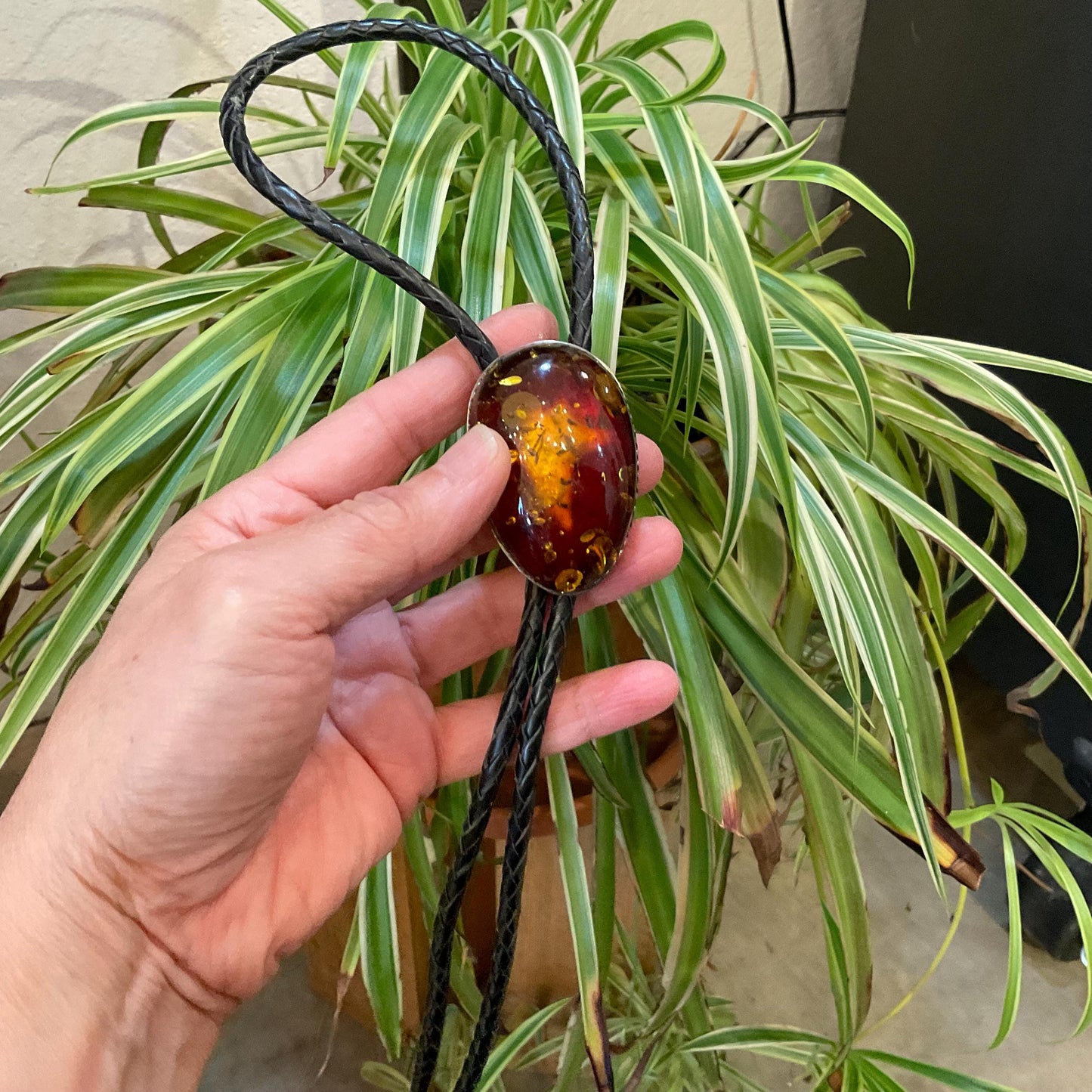 Sterling silver black fire western bolo tie necklace