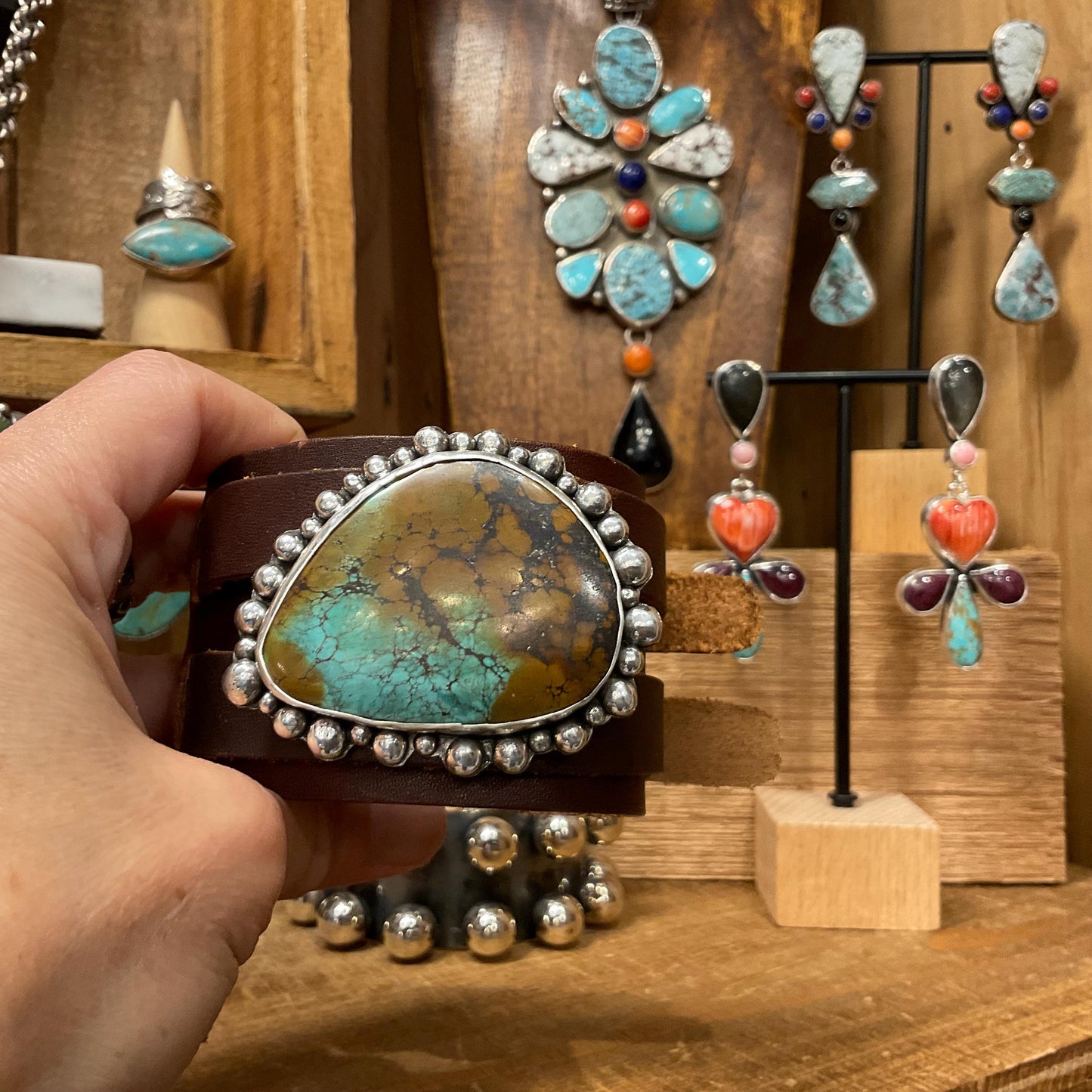 sterling silver turquoise statement  leather bracelet cuff