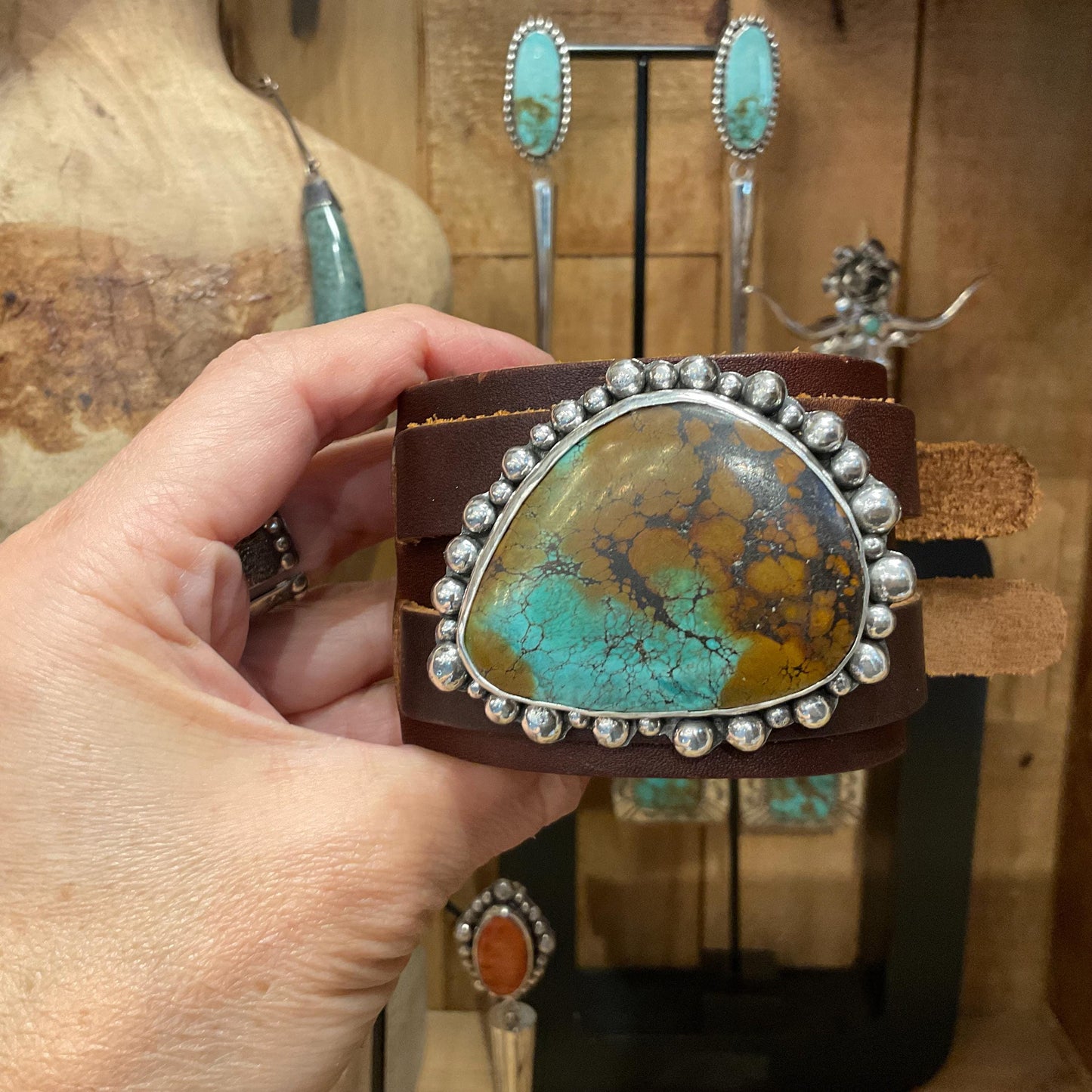 sterling silver turquoise statement  leather bracelet cuff