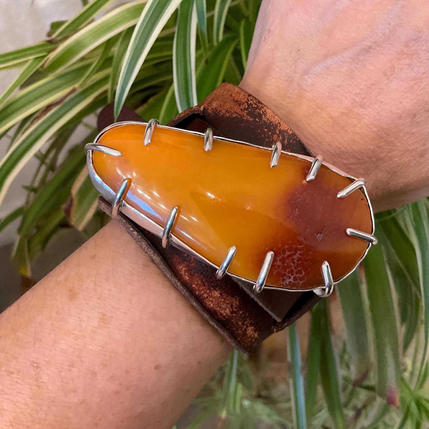 sterling silver Baltic egg yolk Amber butterscotch leather bracelet cuff