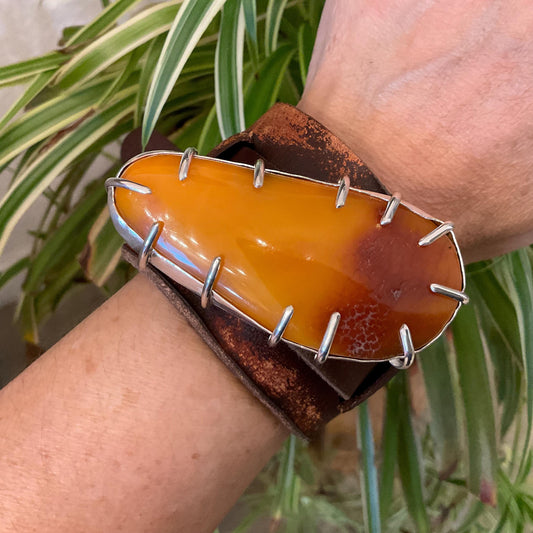 sterling silver Baltic egg yolk Amber butterscotch leather bracelet cuff