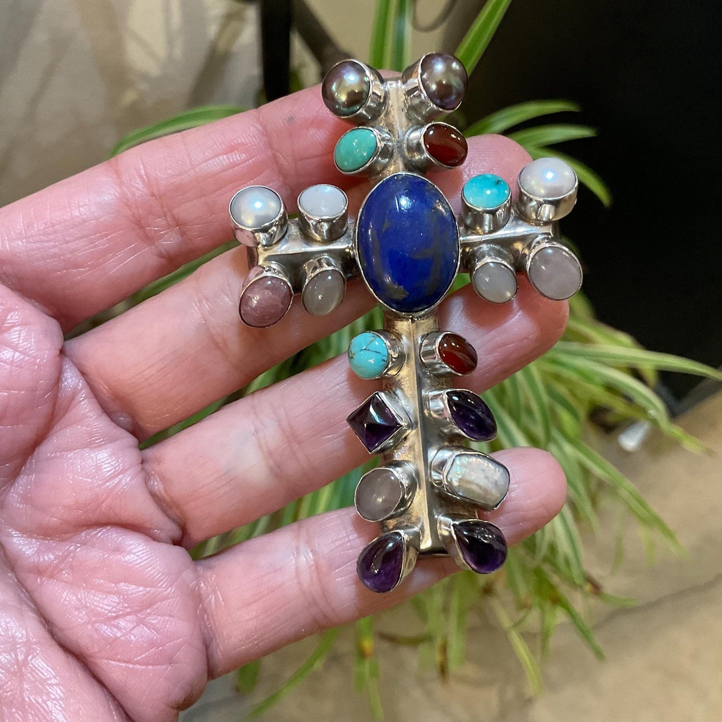 sterling silver natural turquoise lapis lazuli pearl amethyst  cross Pendant