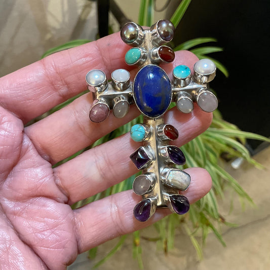sterling silver natural turquoise lapis lazuli pearl amethyst  cross Pendant