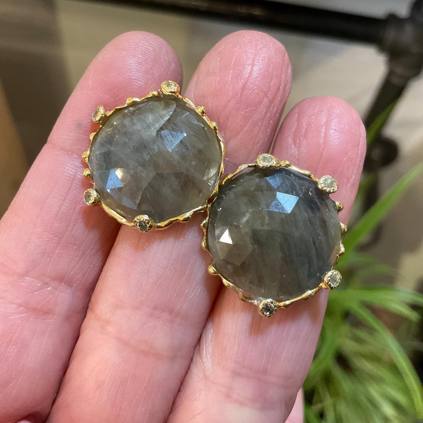 sterling Silver natural sapphire large round post statement Earrings