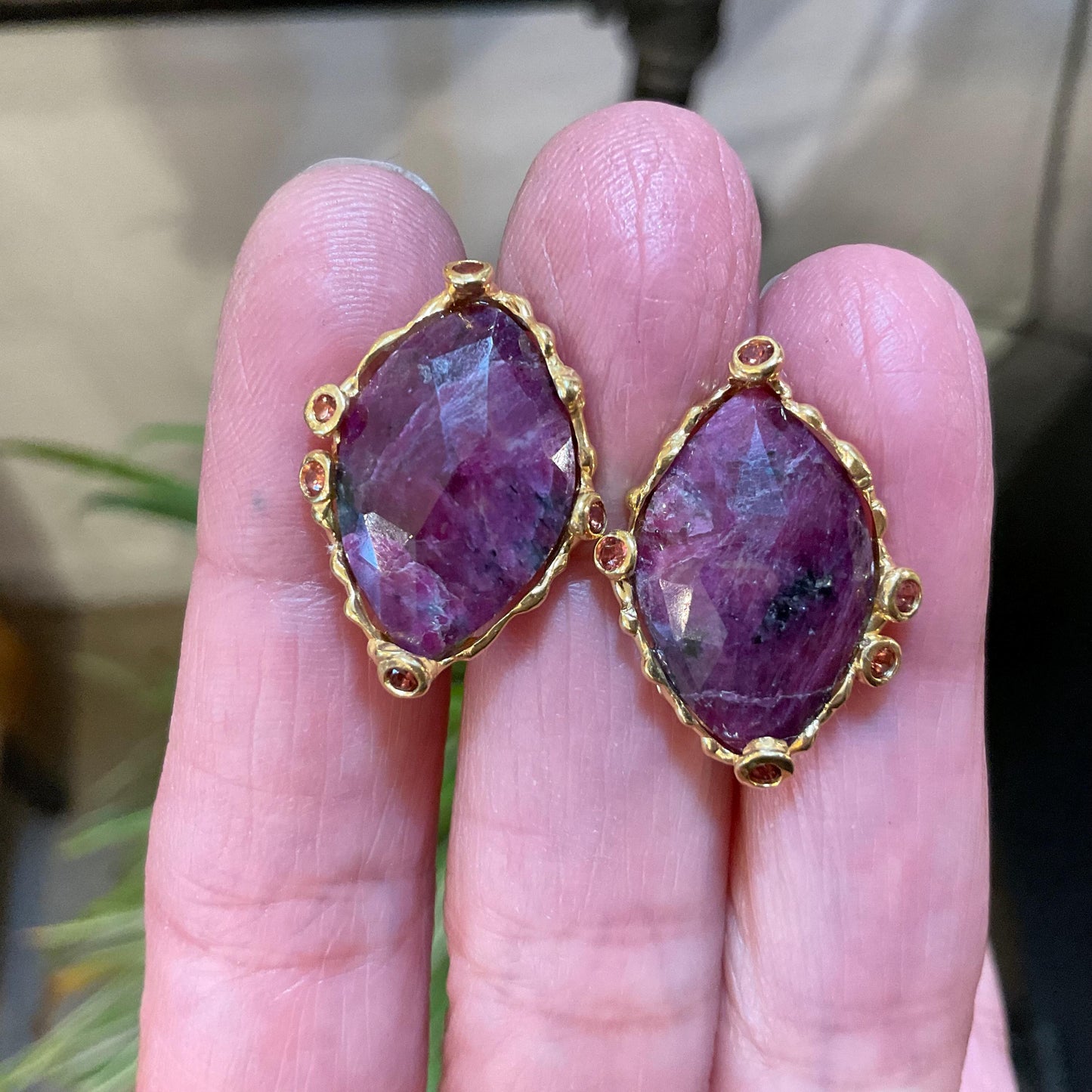 sterling Silver natural red sapphire large post red garnet statement Earrings