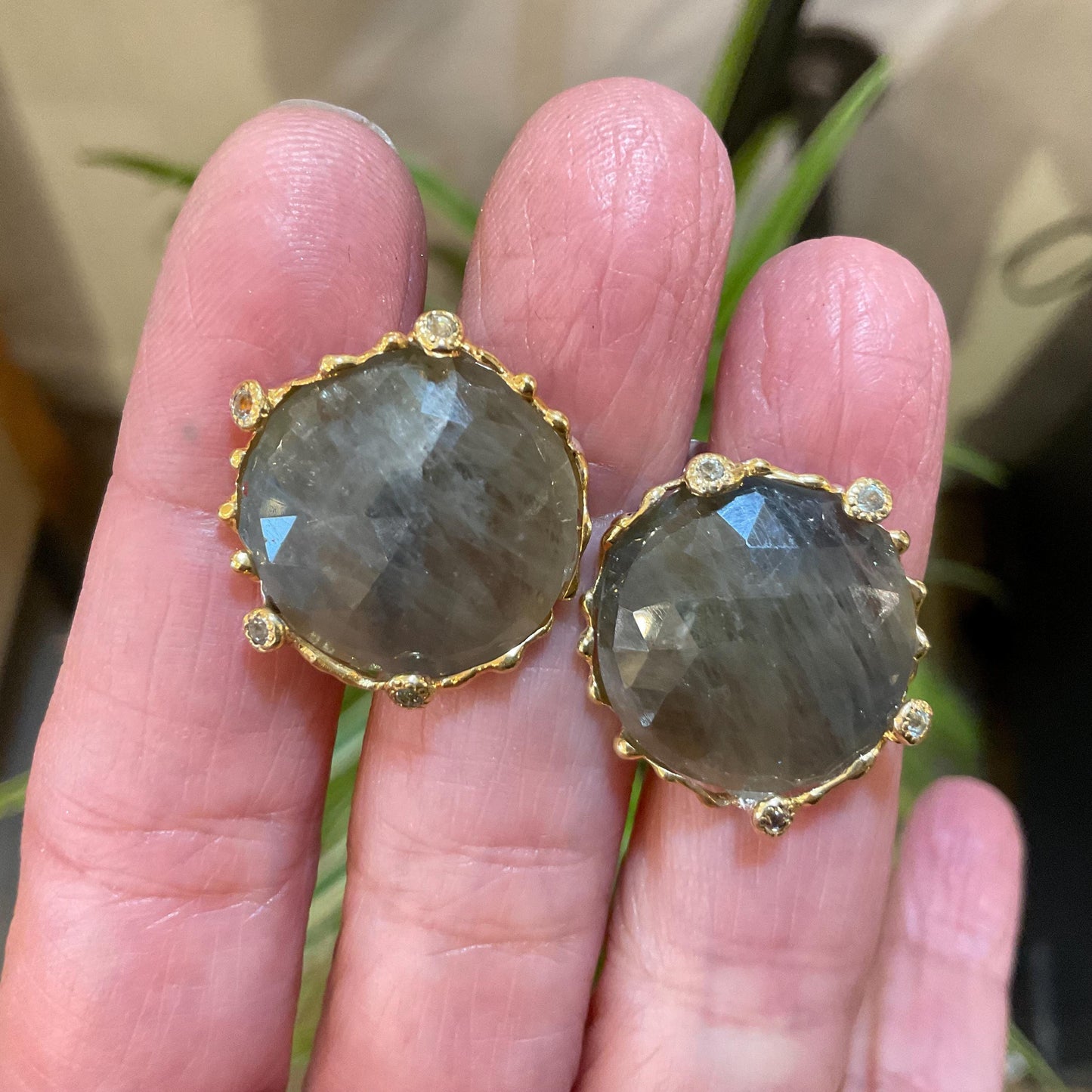 sterling Silver natural sapphire large round post statement Earrings