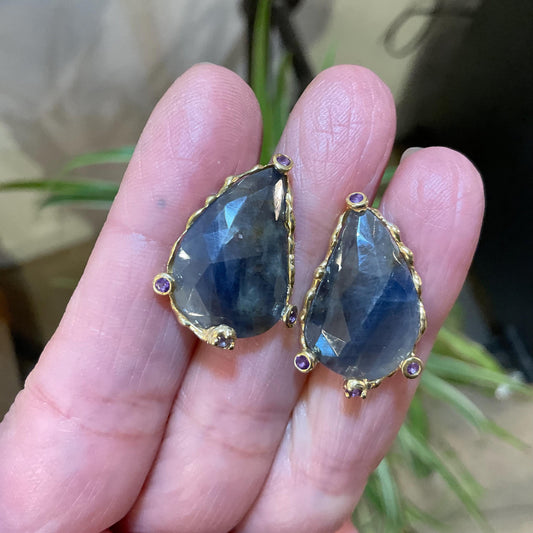 sterling Silver natural blue sapphire large amethyst post statement Earrings