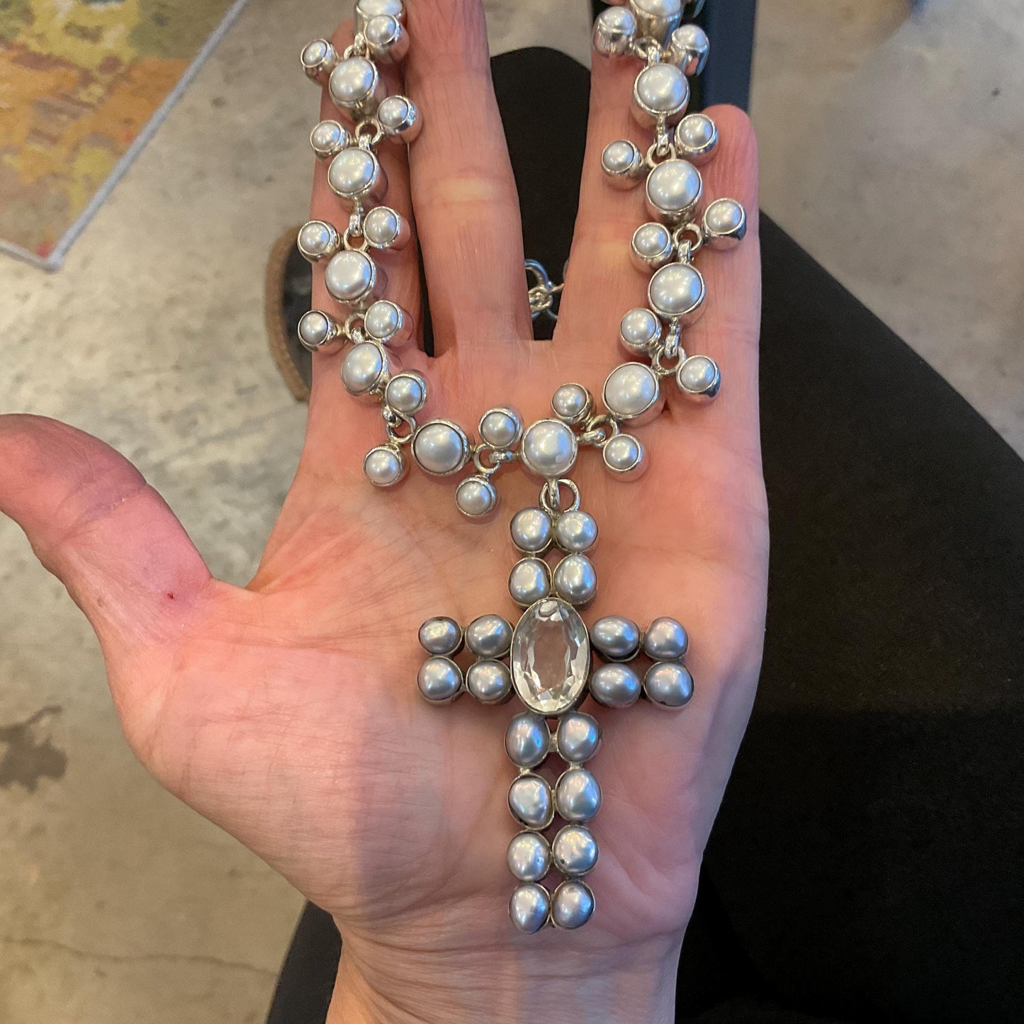 Sterling silver natural pearl cross natural quartz collar choker necklace