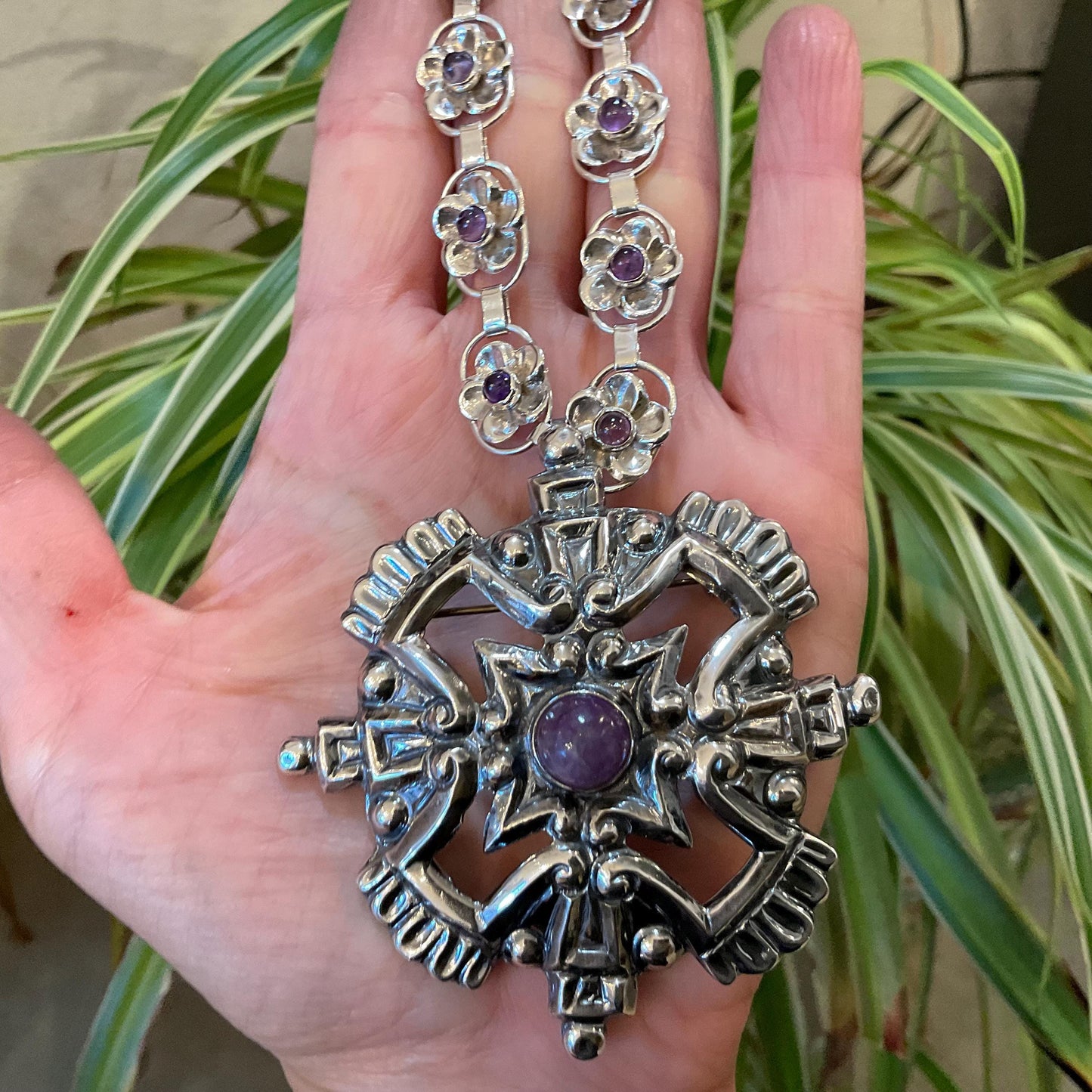 Sterling Silver Vintage Taxco Collar amethyst cross pendant Necklace