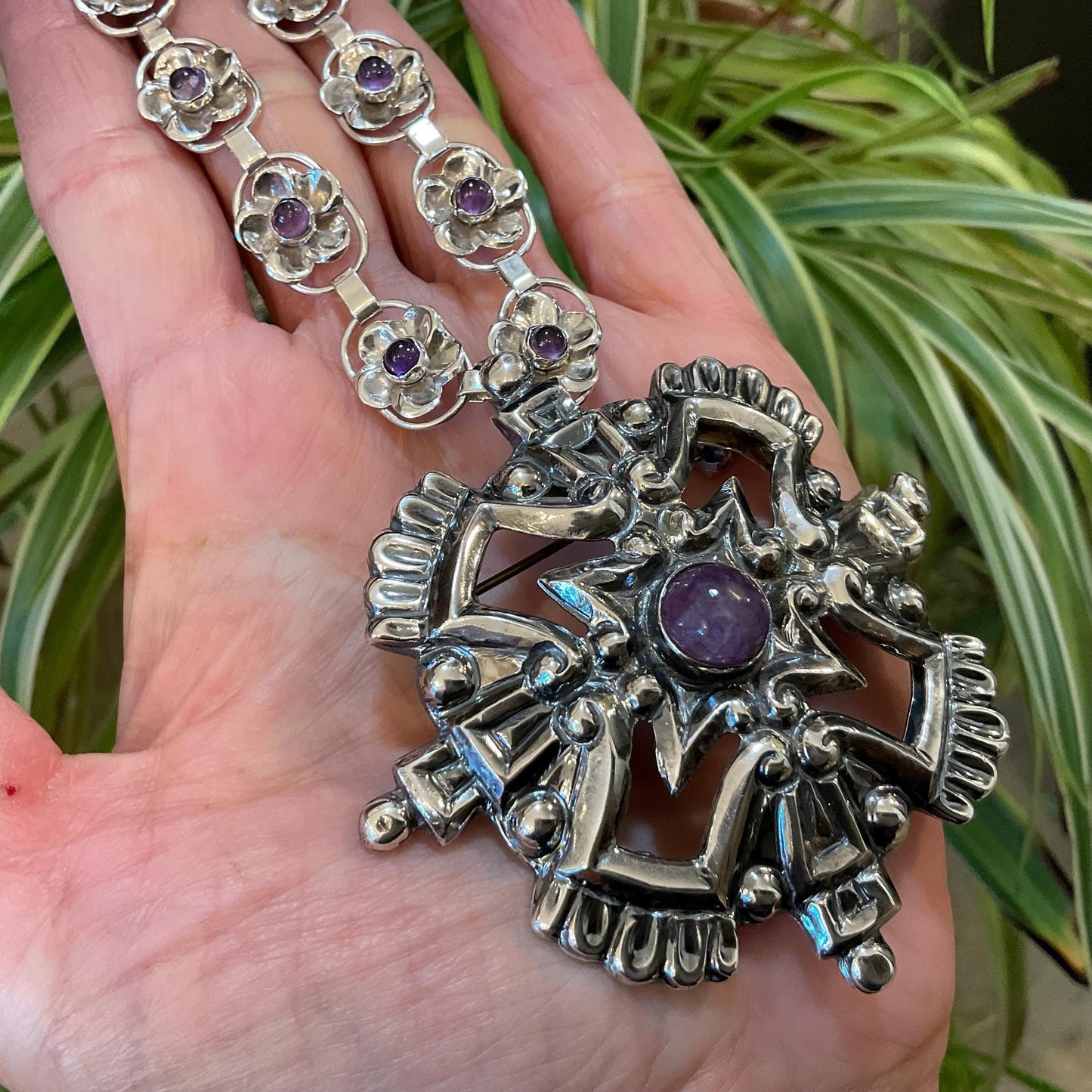 Sterling Silver Vintage Taxco Collar amethyst cross pendant Necklace