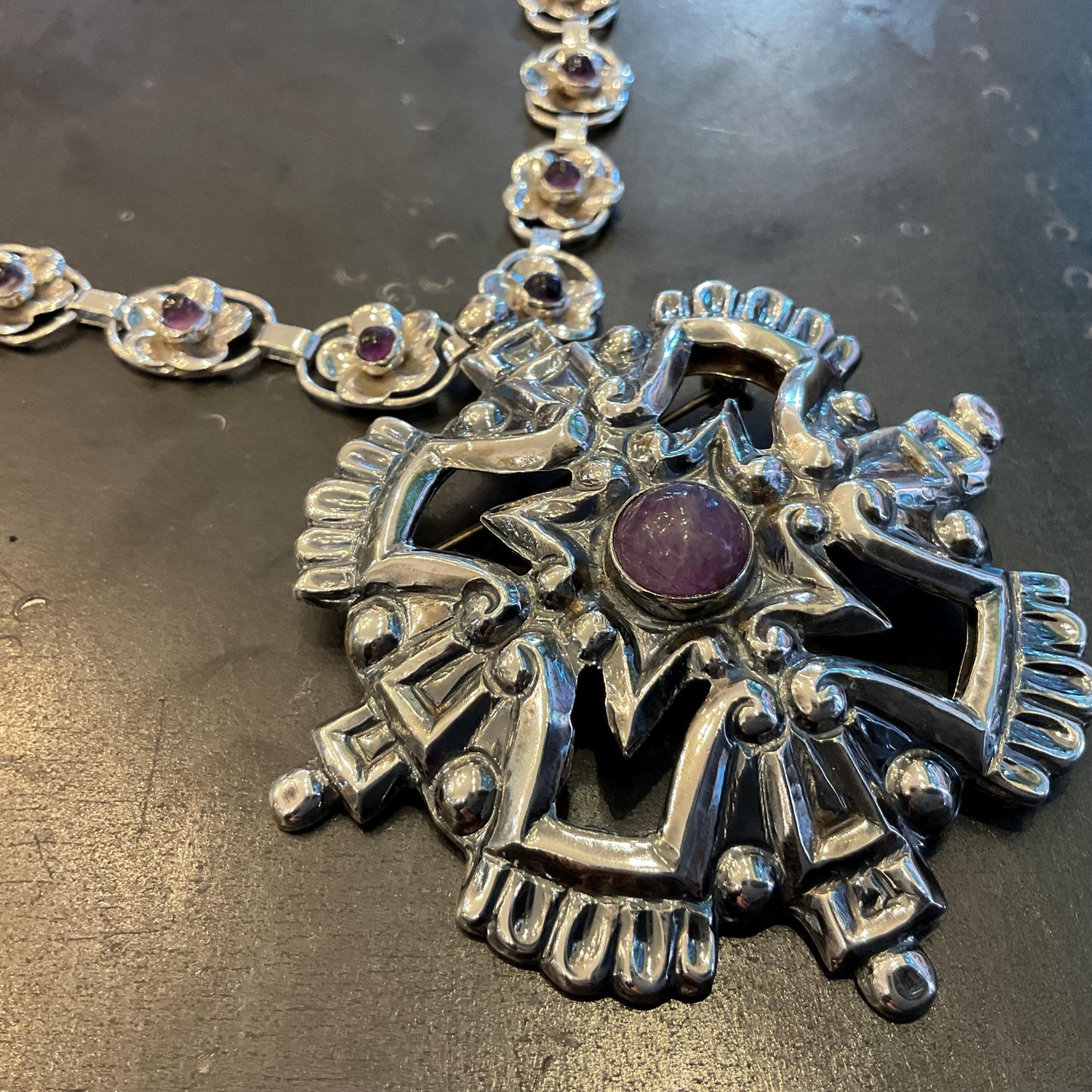 Sterling Silver Vintage Taxco Collar amethyst cross pendant Necklace