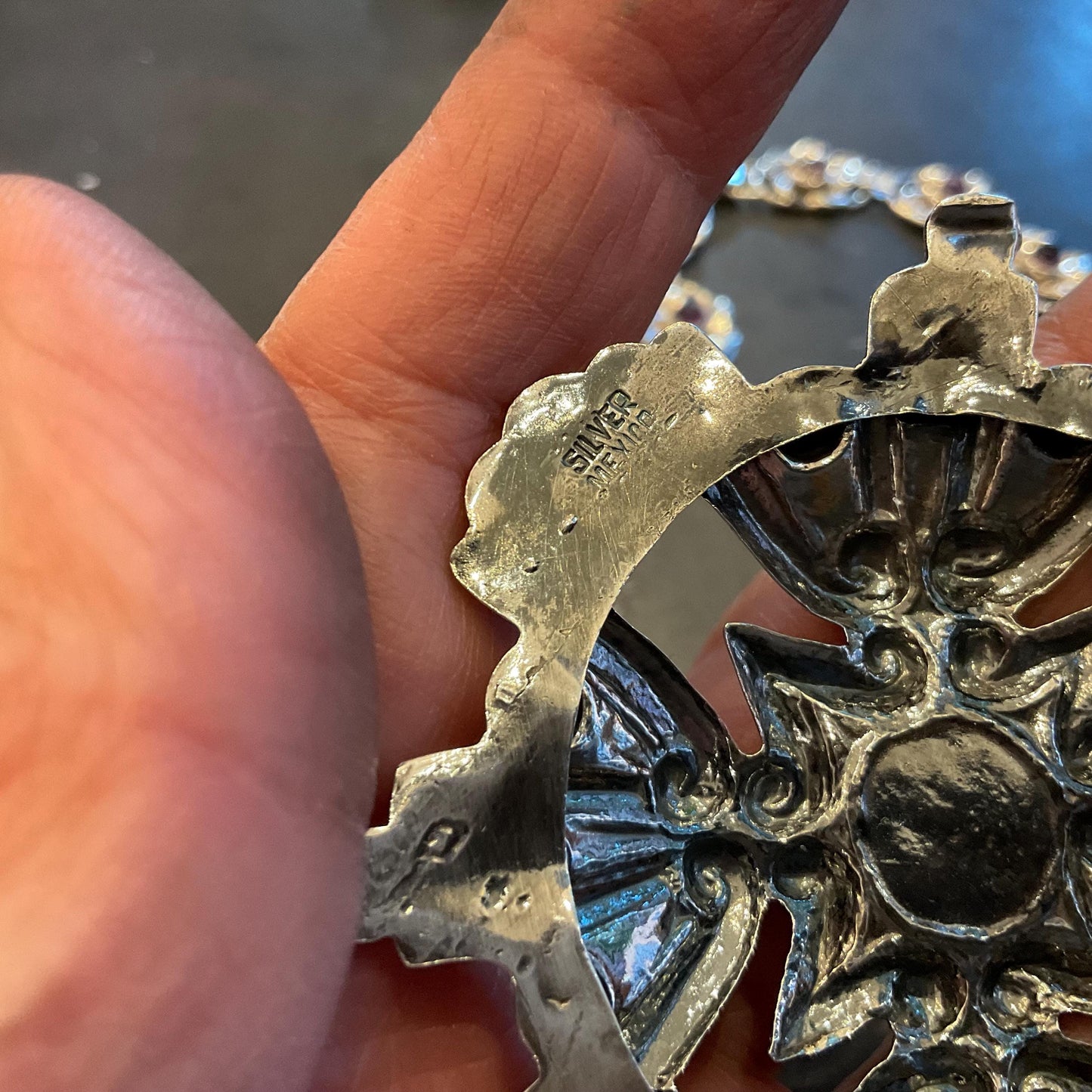 Sterling Silver Vintage Taxco Collar amethyst cross pendant Necklace