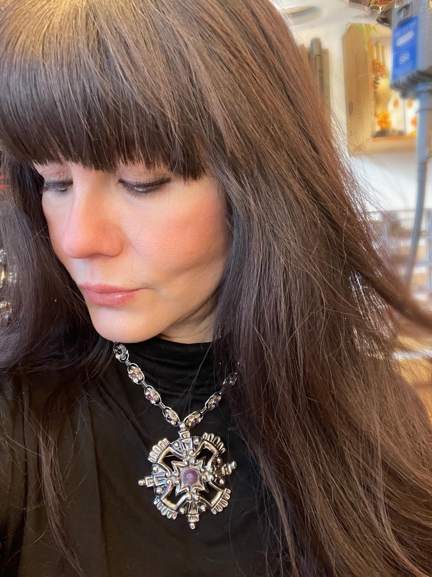 Sterling Silver Vintage Taxco Collar amethyst cross pendant Necklace