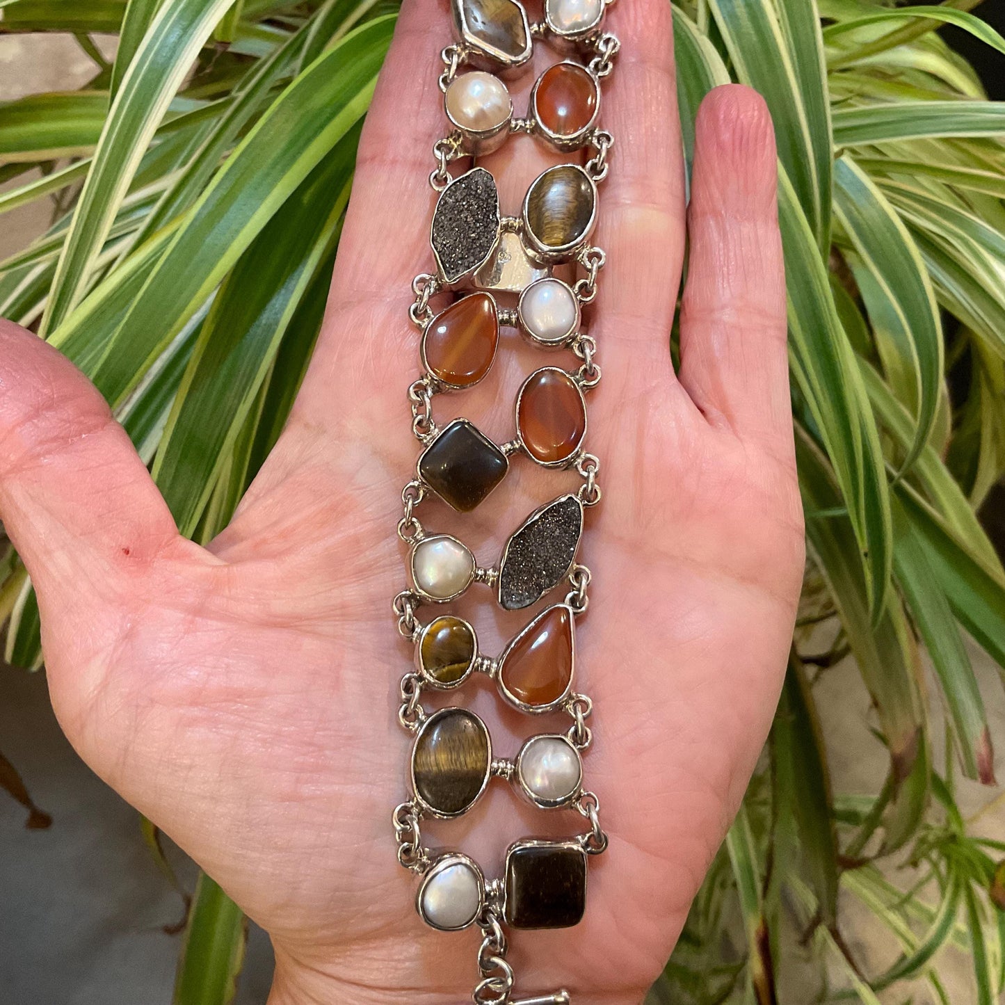 sterling silver statement druzzy carnelian quartz pearl tiger eye Bracelet