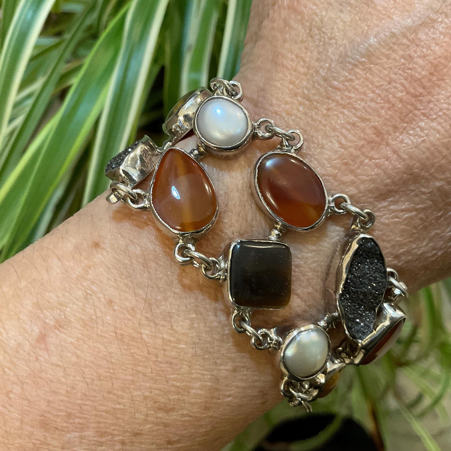 sterling silver statement druzzy carnelian quartz pearl tiger eye Bracelet