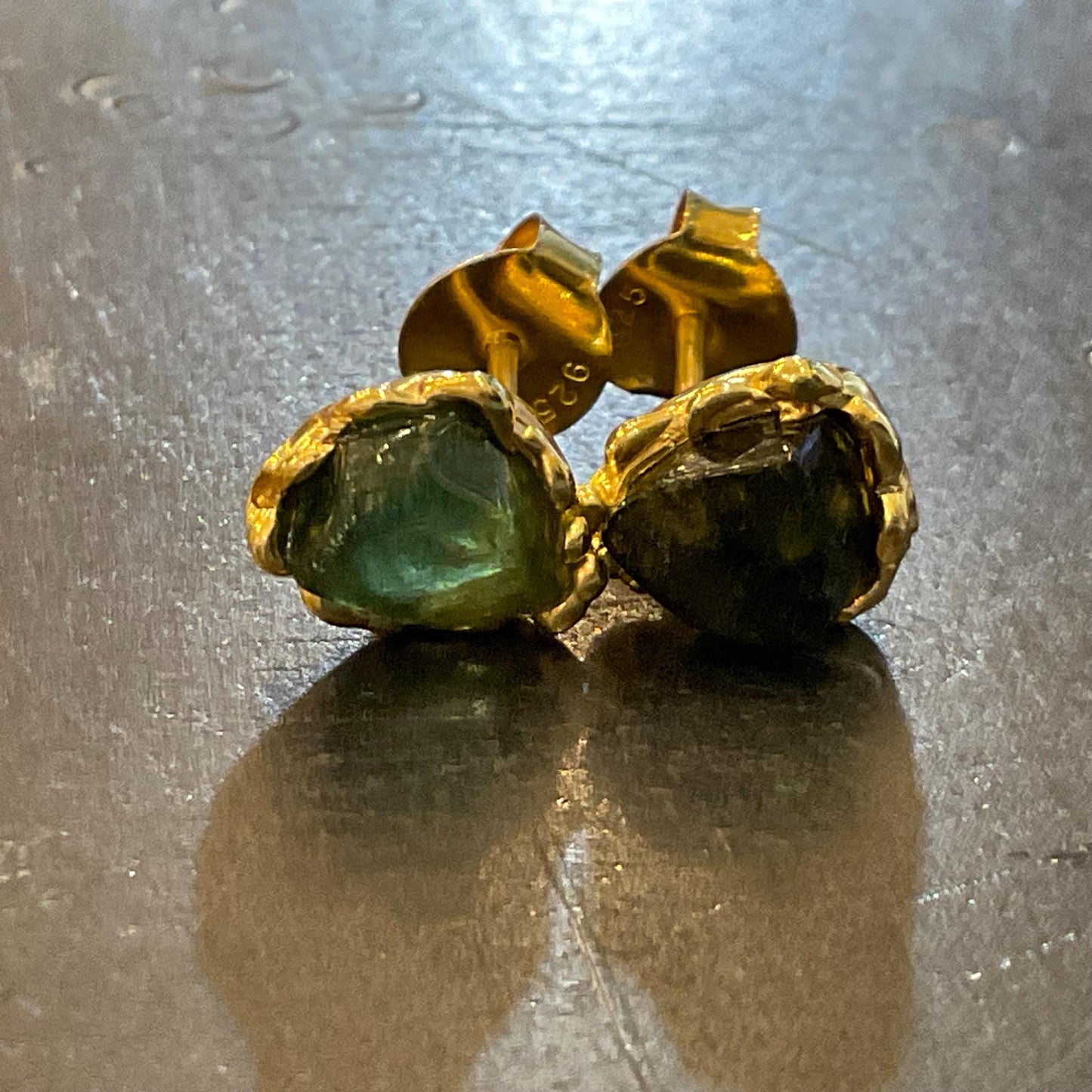 Artisan Sterling Silver rough green tourmaline stud earrings
