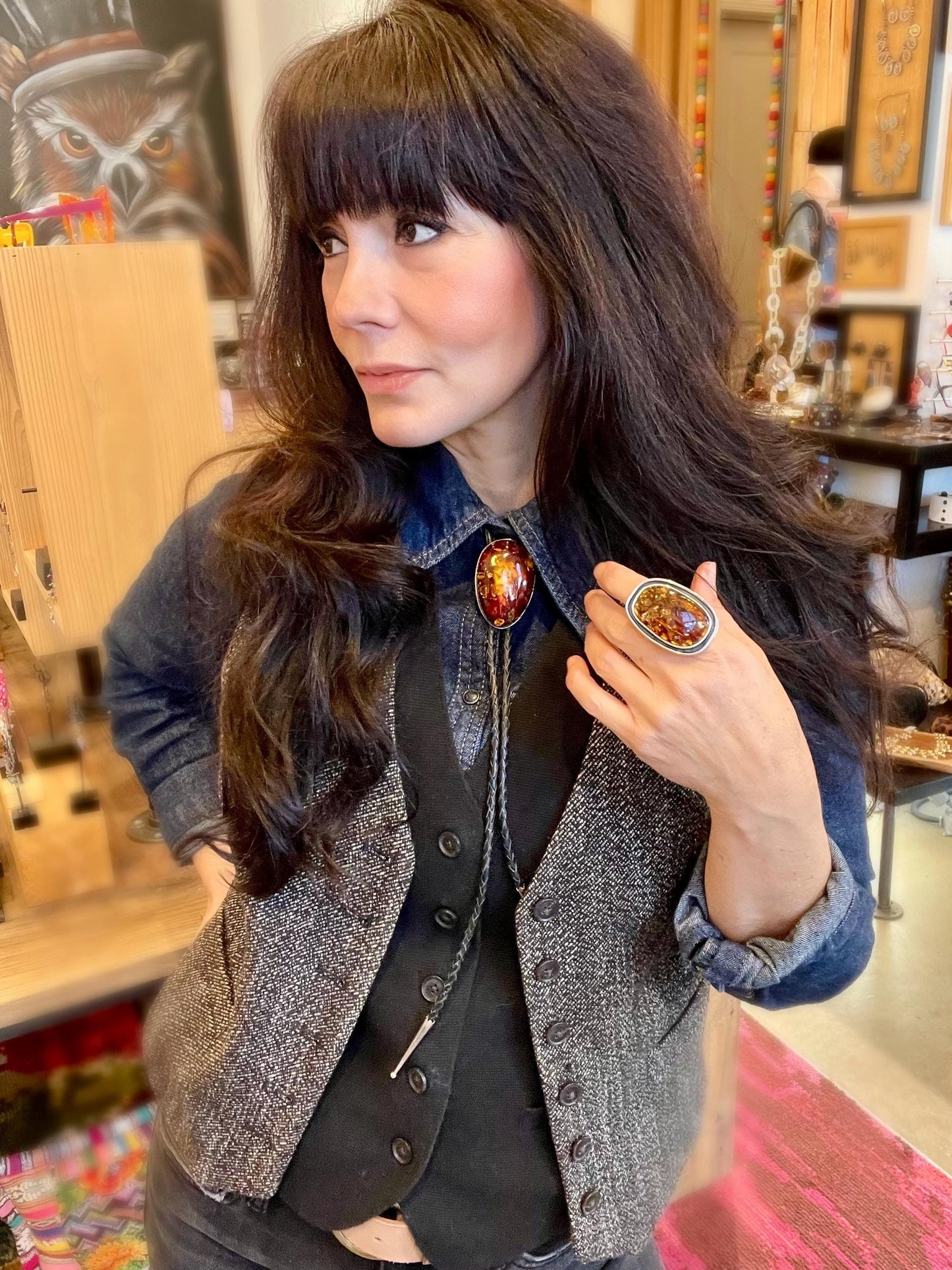 Sterling silver black fire western bolo tie necklace