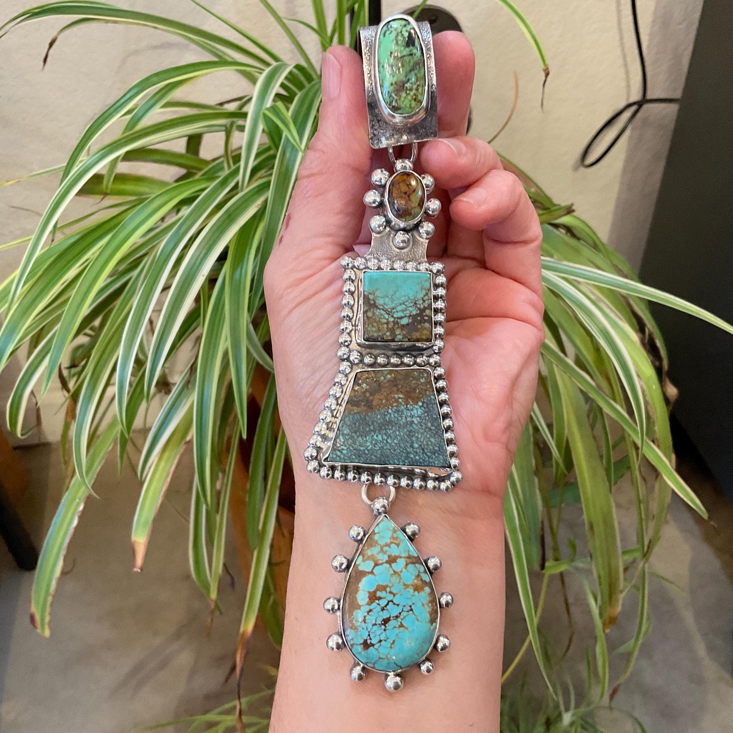 Sterling silver mix turquoise enhancer statement 6.5” huge pendant Colors Of Etnika
