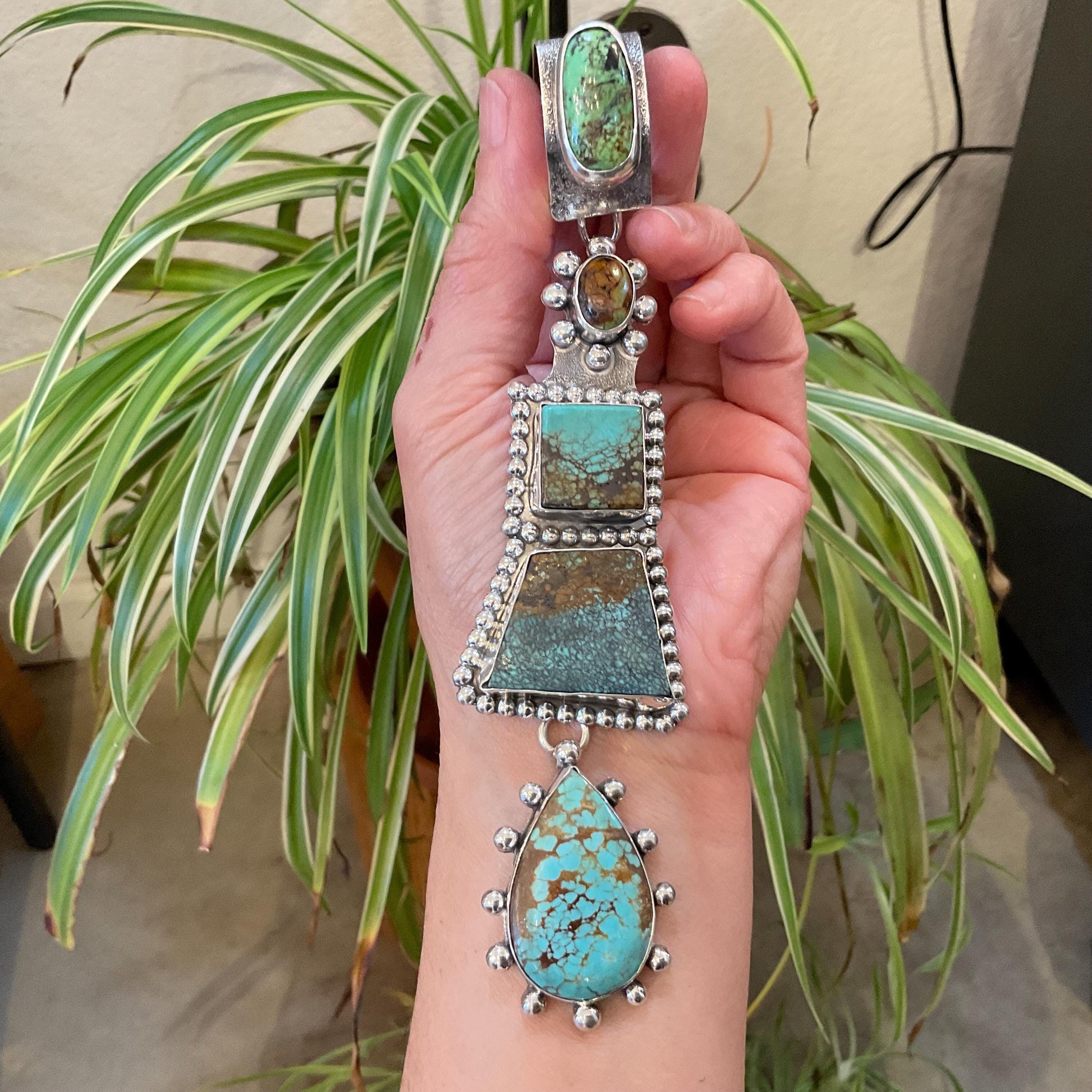 Sterling silver mix turquoise enhancer statement 6.5” huge pendant Colors Of Etnika