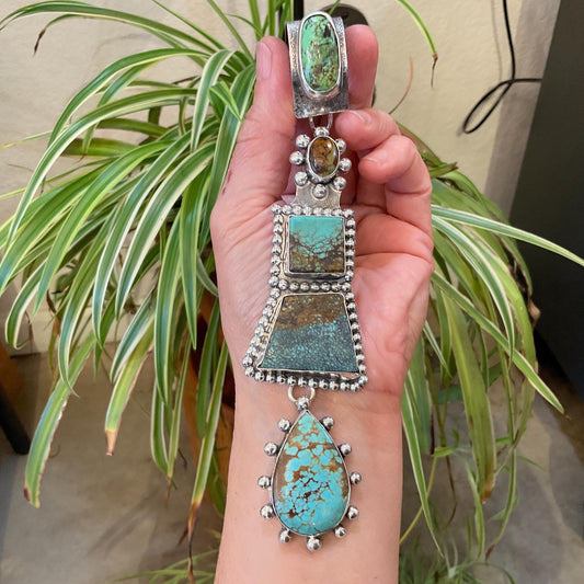 Sterling silver mix turquoise enhancer statement 6.5” huge pendant