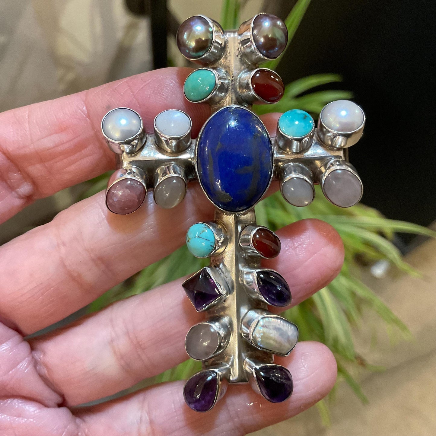 sterling silver natural turquoise lapis lazuli pearl amethyst  cross Pendant