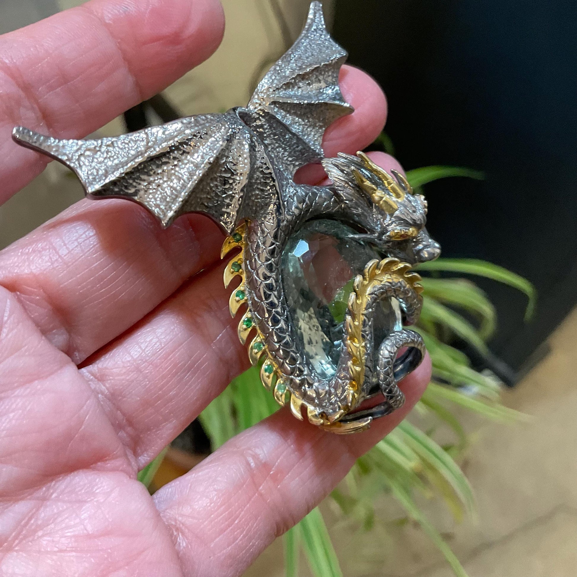 Sterling Silver green amethyst statement dragon pendant Colors Of Etnika